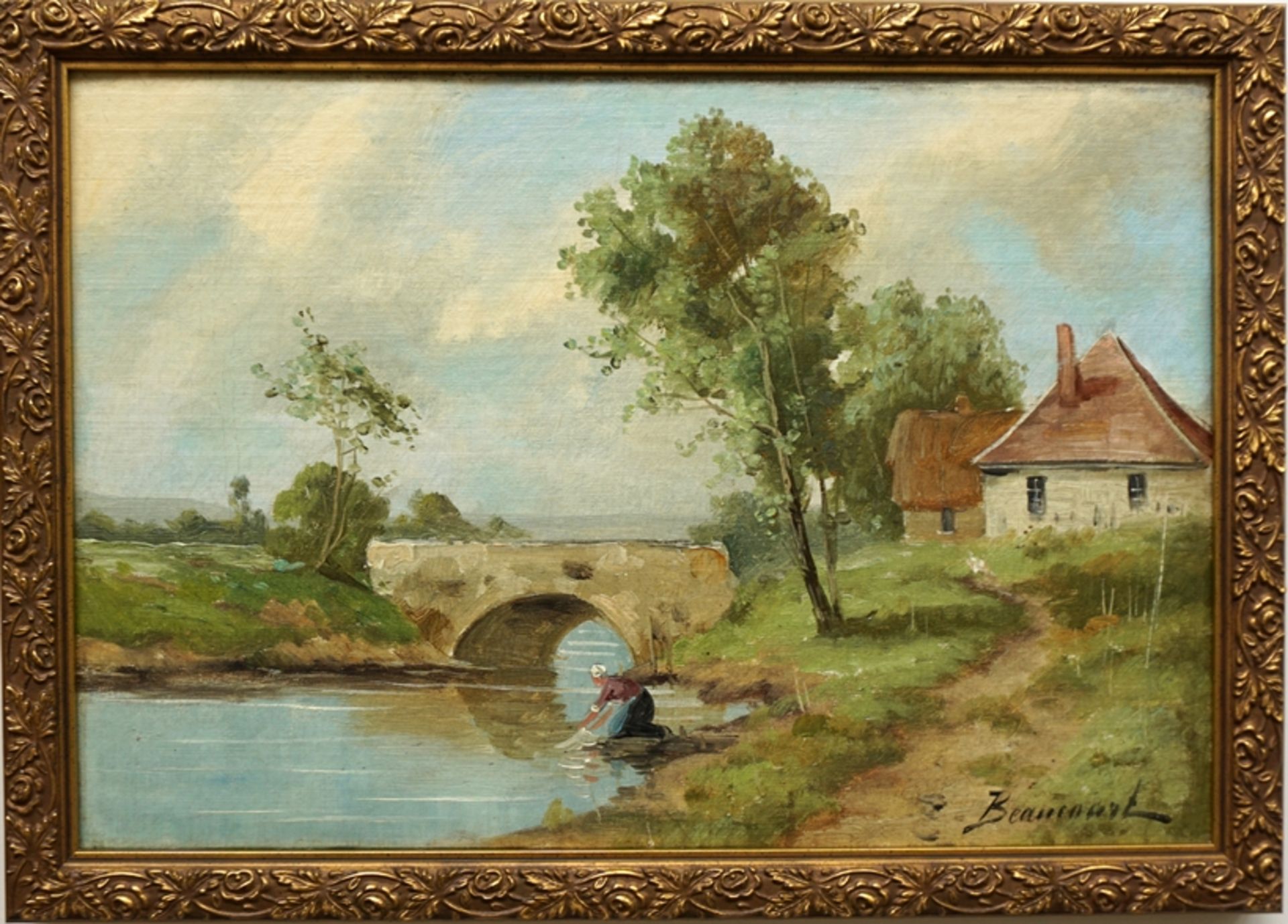 signiert „Beaucourt“, Paar impressionistische Gemälde „Bäuerin am Flusslauf“, spätes 19. Jh., Öl/Le - Bild 3 aus 3