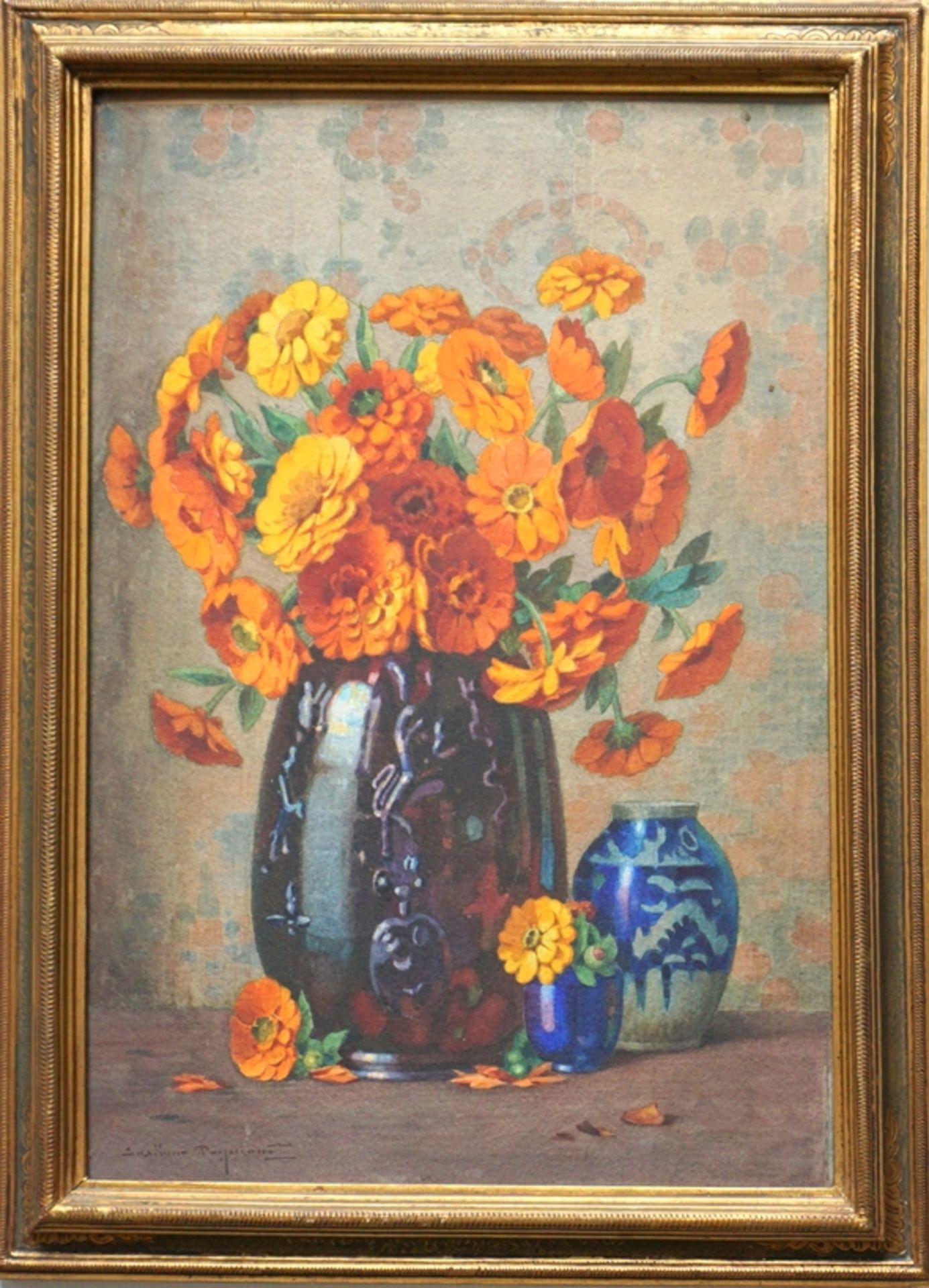 undeutlich signiert, "Stillleben mit orangefarbenen Zinnien", um 1900, Aquarell