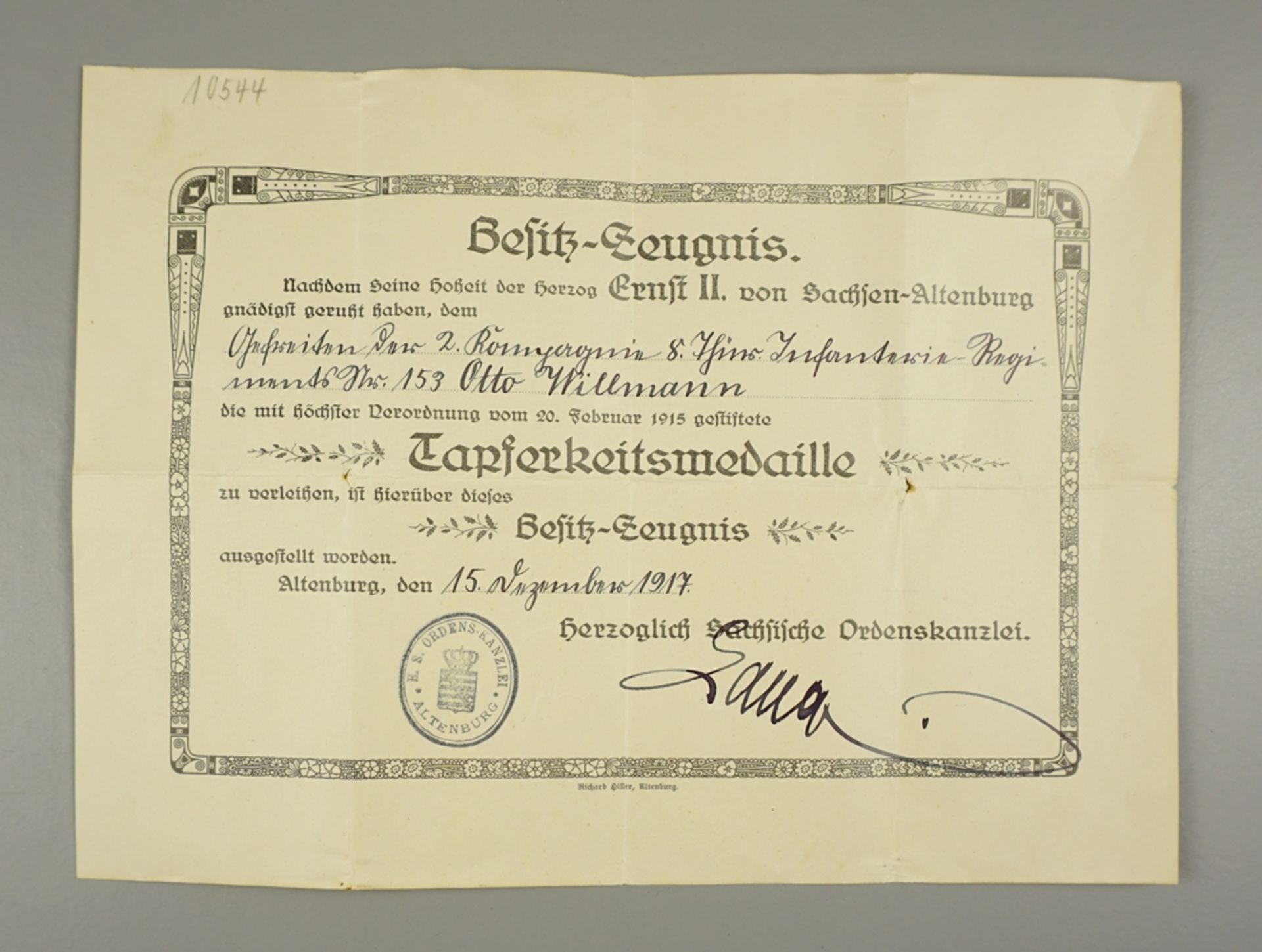 Urkunde zur Tapferkeitsmedaille Sachsen-Altenburg