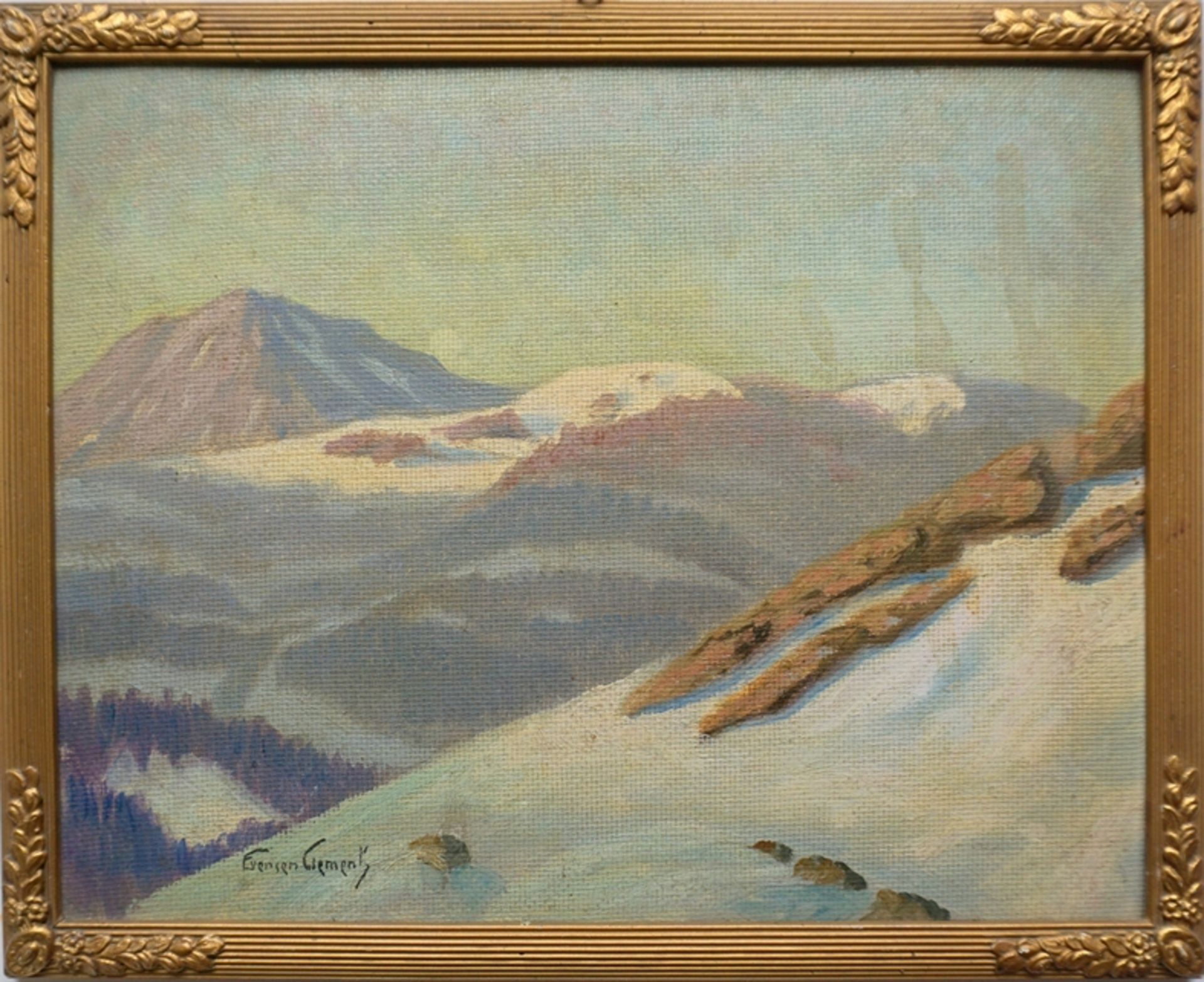 undeutlich signiert, "Alpine Winterlandschaft", 1920er Jahre, Öl/Hartfaser