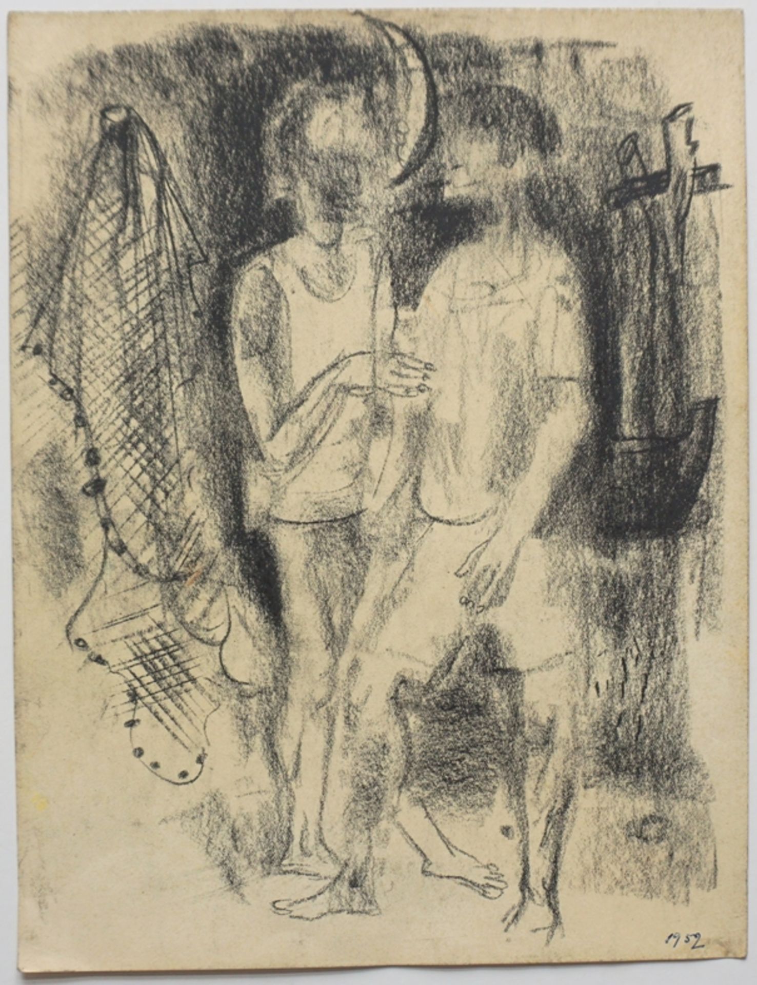 Paul Kuhfuss (1883, Berlin - 1960, ebd.), "Im Gespräch", 1952, Kohle/Papier