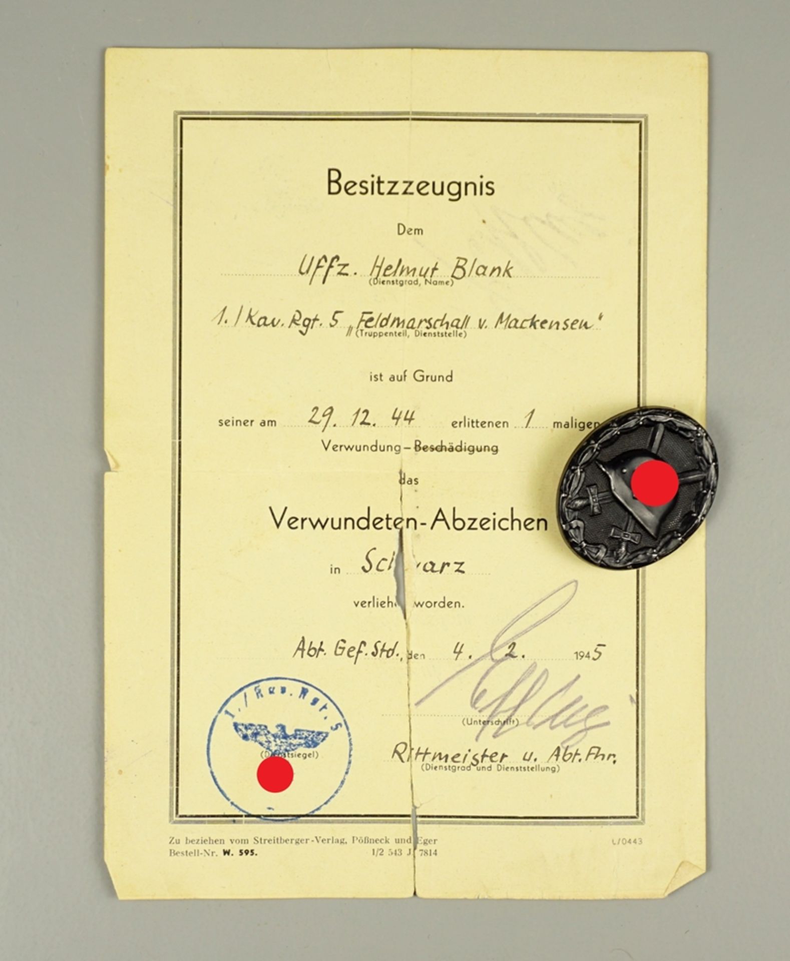 Verwundetenabzeichen in Schwarz mit Urkunde, 2. Weltkrieg