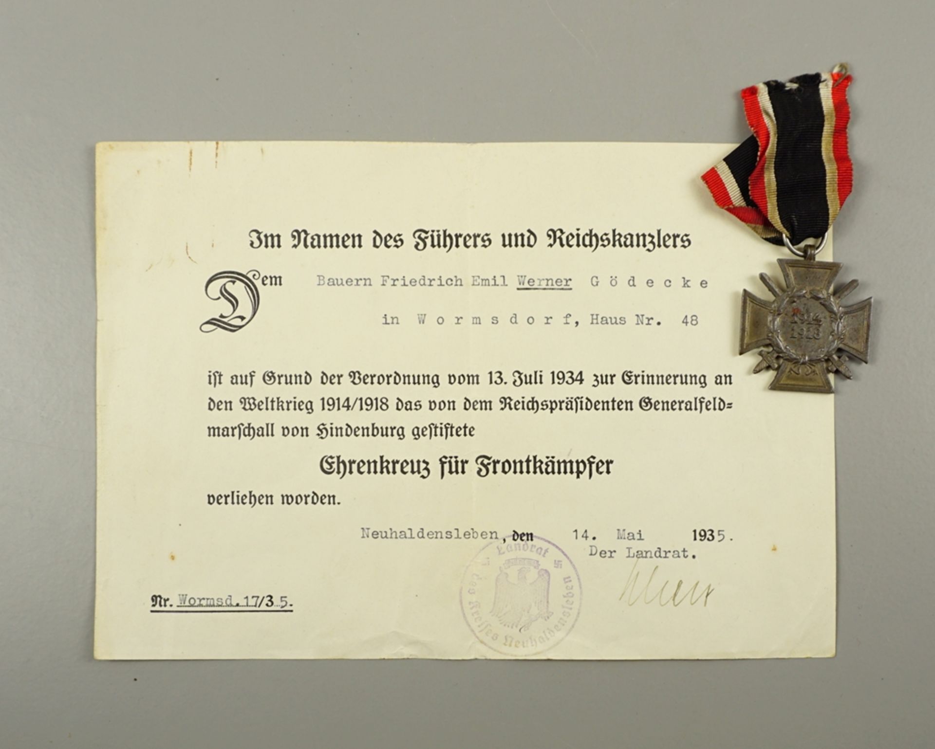 Ehrenkreuz für Frontkämpfer 1914-1918, mit Urkunde, verliehen 1935