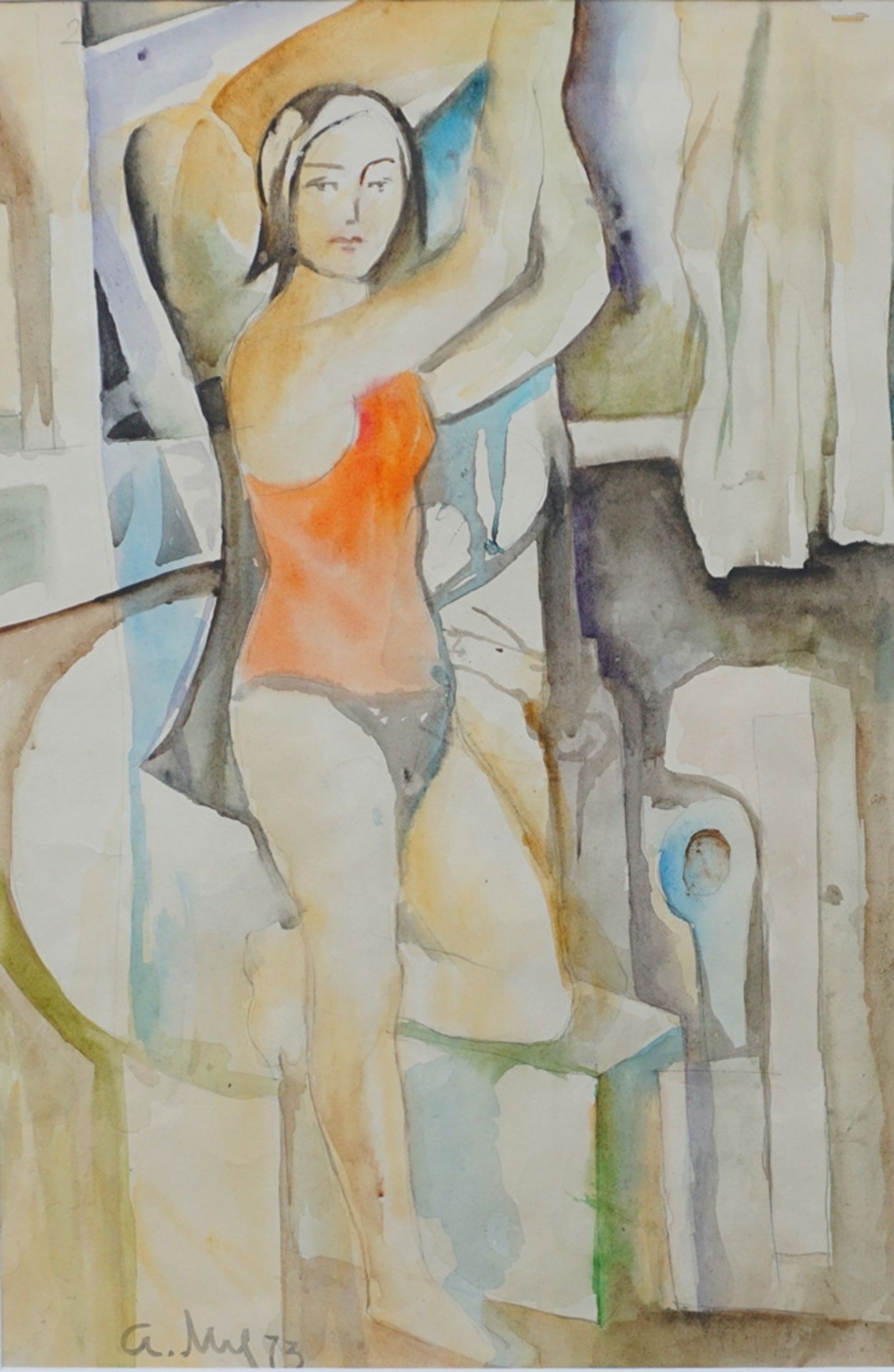 Andrei Andreevich Mylnikov (1919, Pokrovsk - 2012, St. Petersburg), "Frau in rotem Hemd", 1973, Aqu