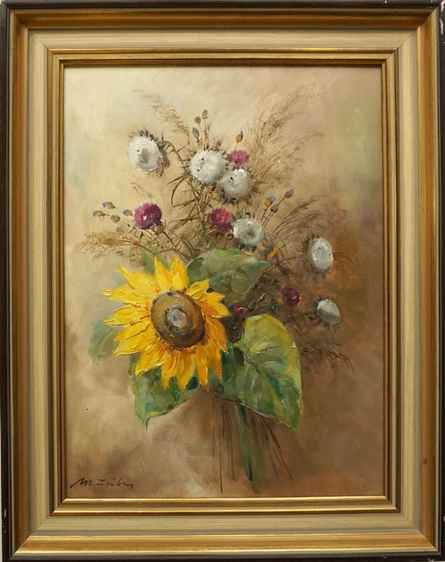 Manfred Feiler (*1925, Plauen - 2020, ebd.), "Feldblumenstrauß mit Sonnenblume", Öl/Leinwand