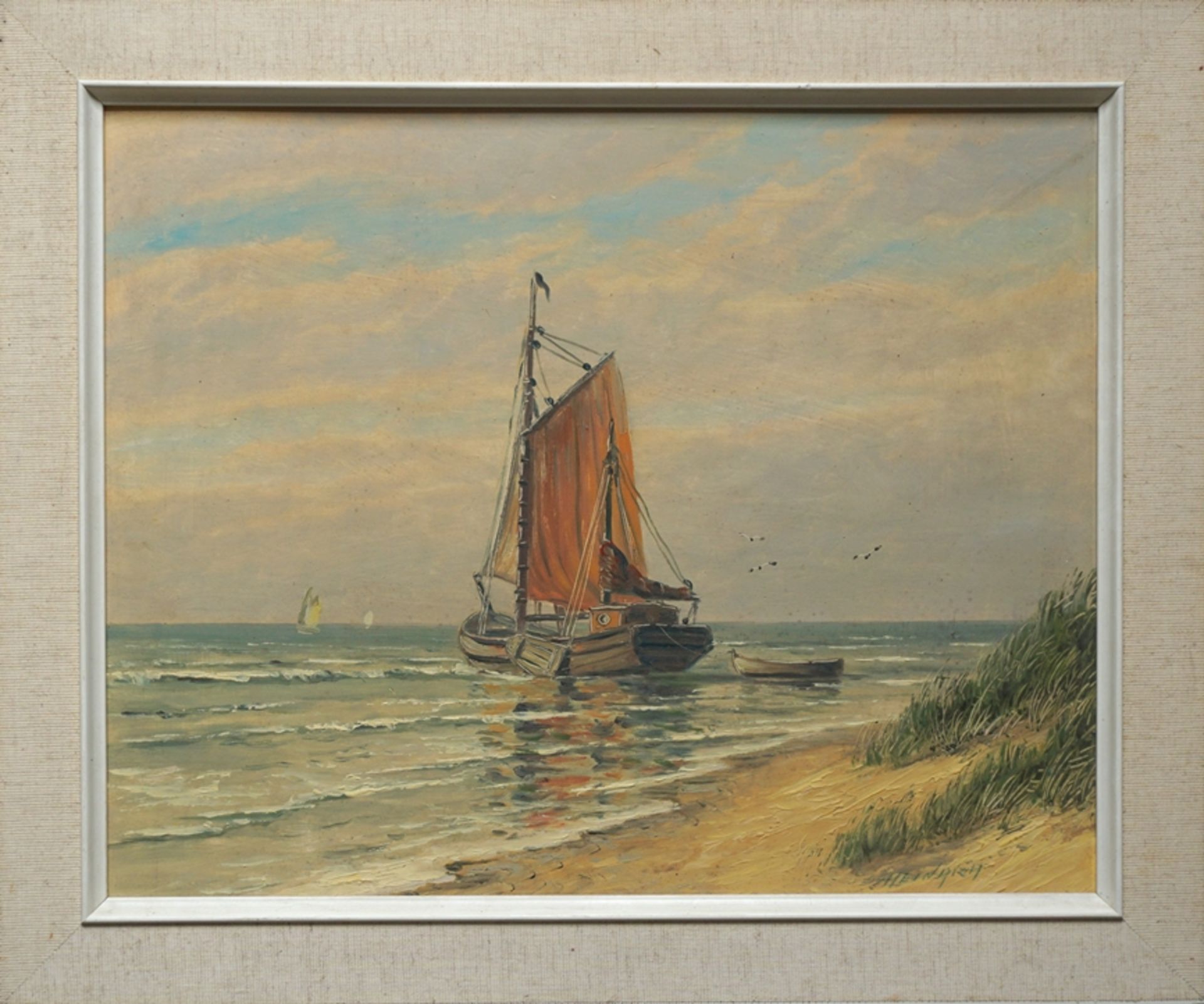 signiert "Heinrich", "Ostseeküste mit Fischerboot", Mitte 20. Jh., Öl/Hartfaser - Bild 2 aus 2