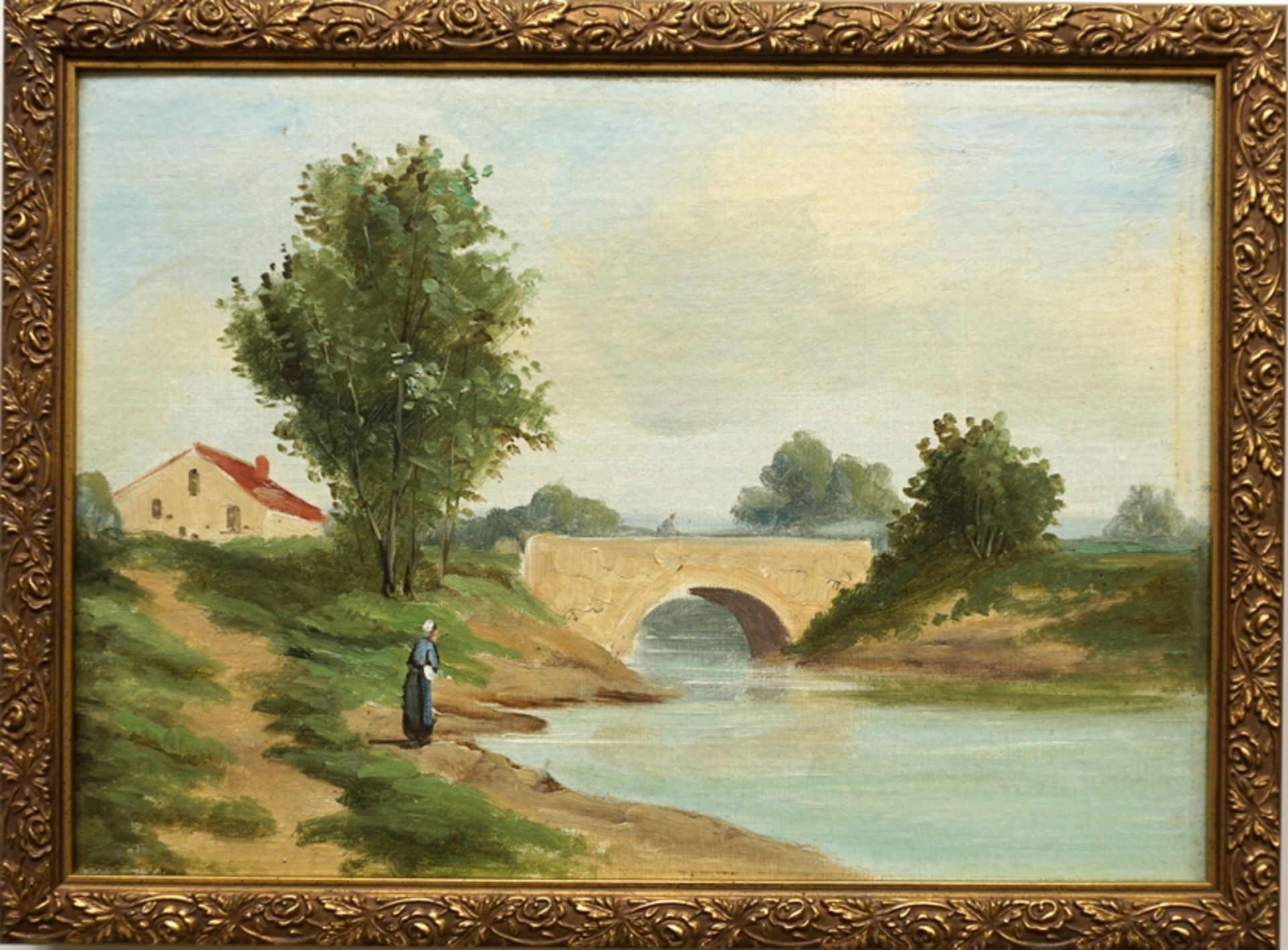 signiert „Beaucourt“, Paar impressionistische Gemälde „Bäuerin am Flusslauf“, spätes 19. Jh., Öl/Le - Bild 2 aus 3