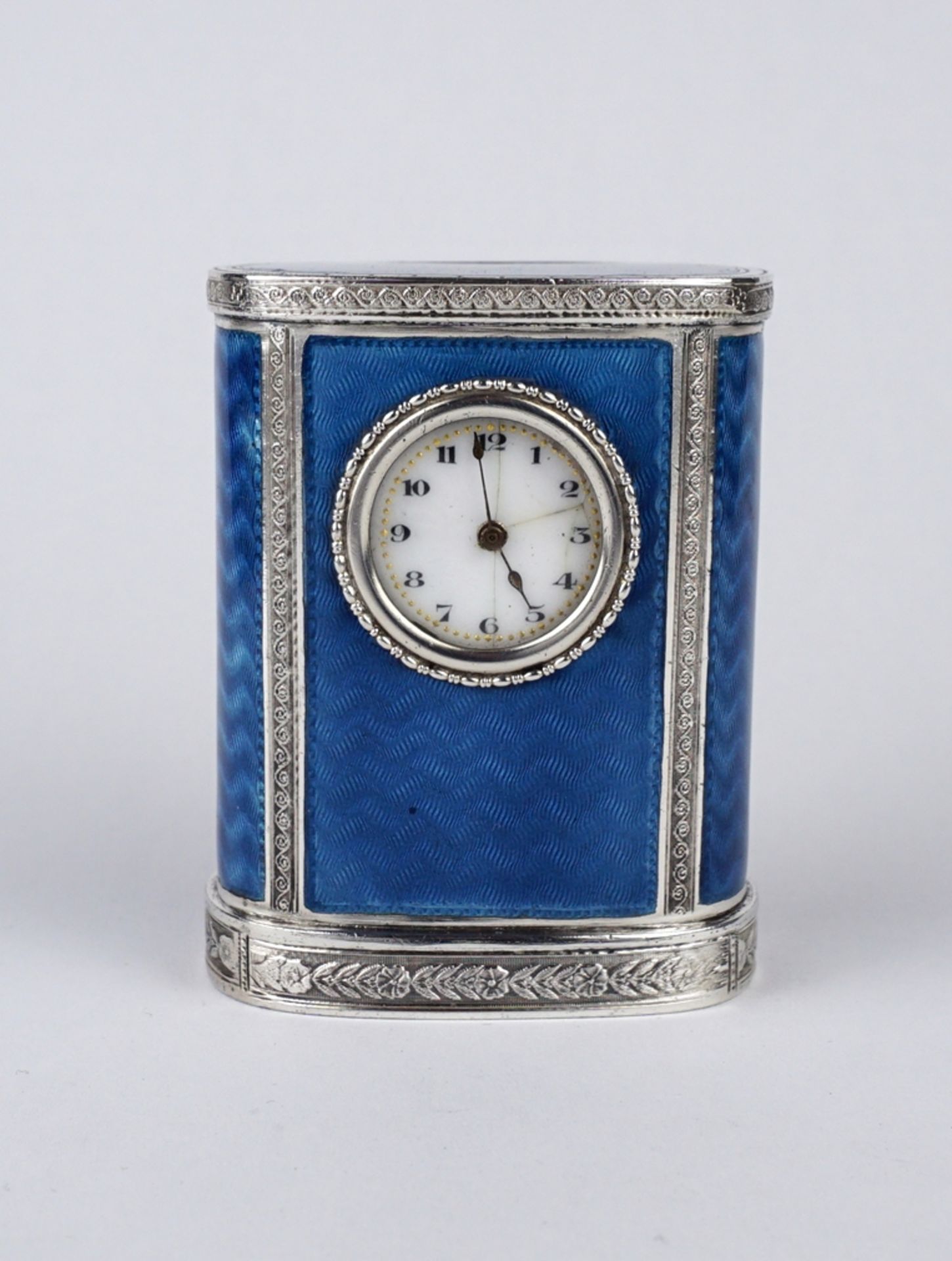 Miniatur-Reiseuhr, 935er Silber mit Transluzid-Emaille, wohl Schweiz