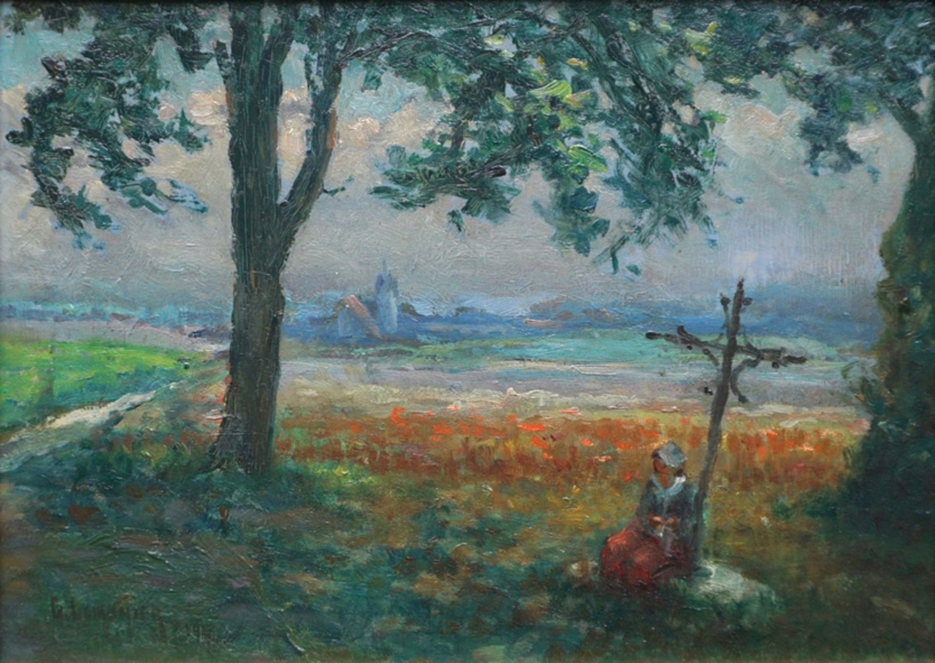 G. Lemonier, "Bei der Rast", 1917, Öl/Holz