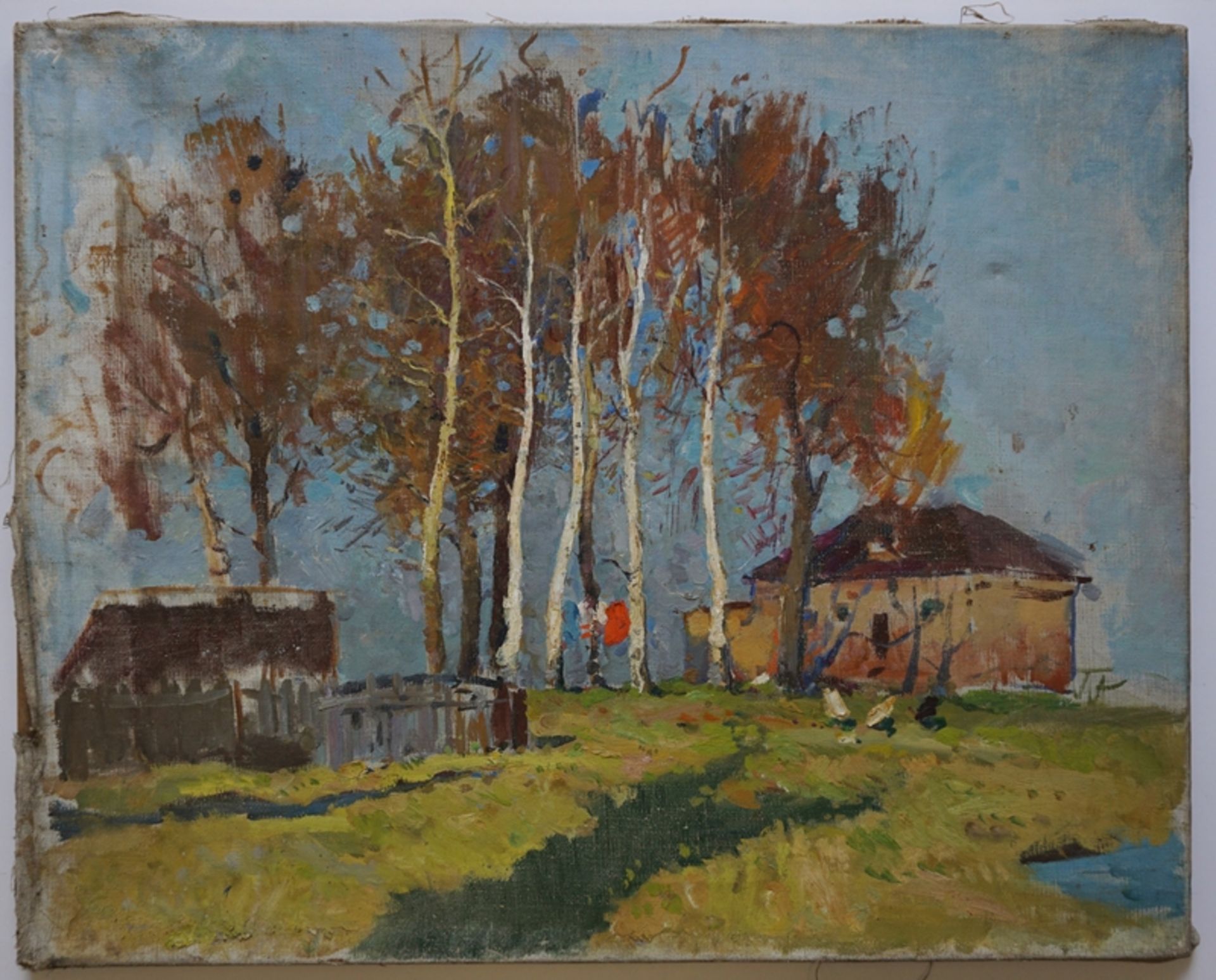 A. P. Gushchin (RUS), "Haus mit Birken (Bei Gschel)", 1. Hälfte 20. Jh., Öl/Lwd.