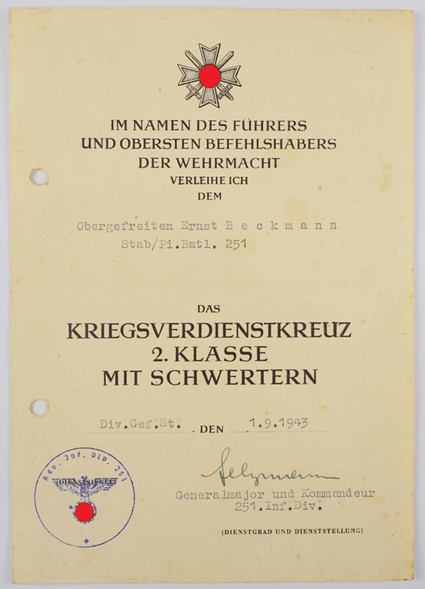 Urkunde zum Kriegsverdienstkreuz 2. Klasse