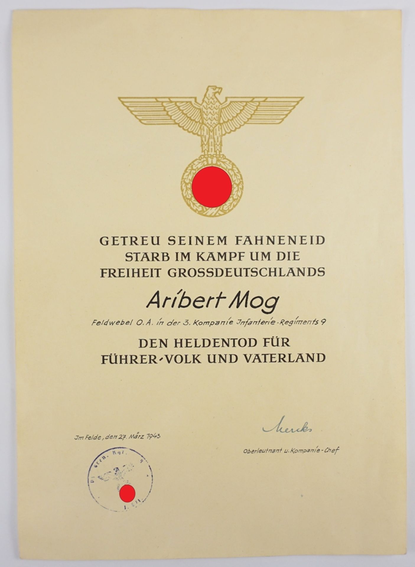 Heldentod-Urkunde für Feldwebel O.A.