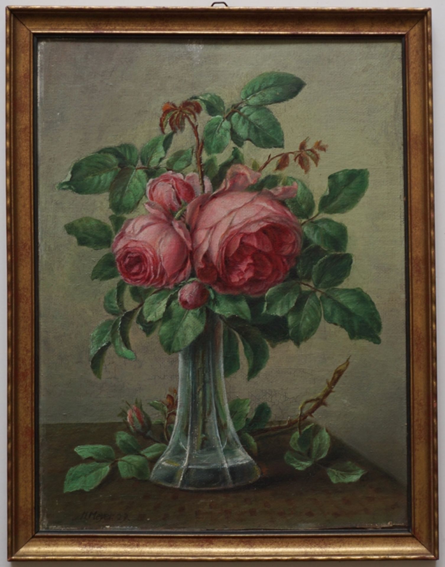 Heinrich Meyer, "Rosen in Glasvase", 1929, Öl/Hartfaser