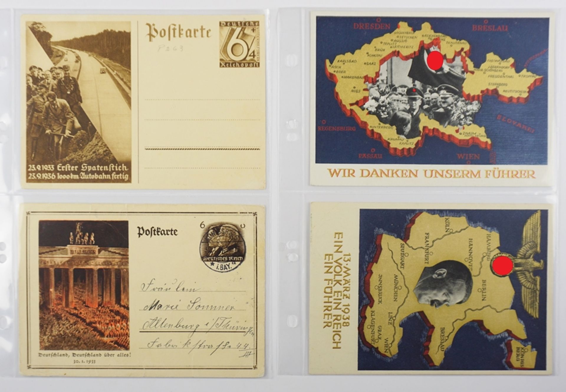 4 x Propaganda-Postkarten/ Ansichtskarten sog. 3. Reich, s/w und farbig 