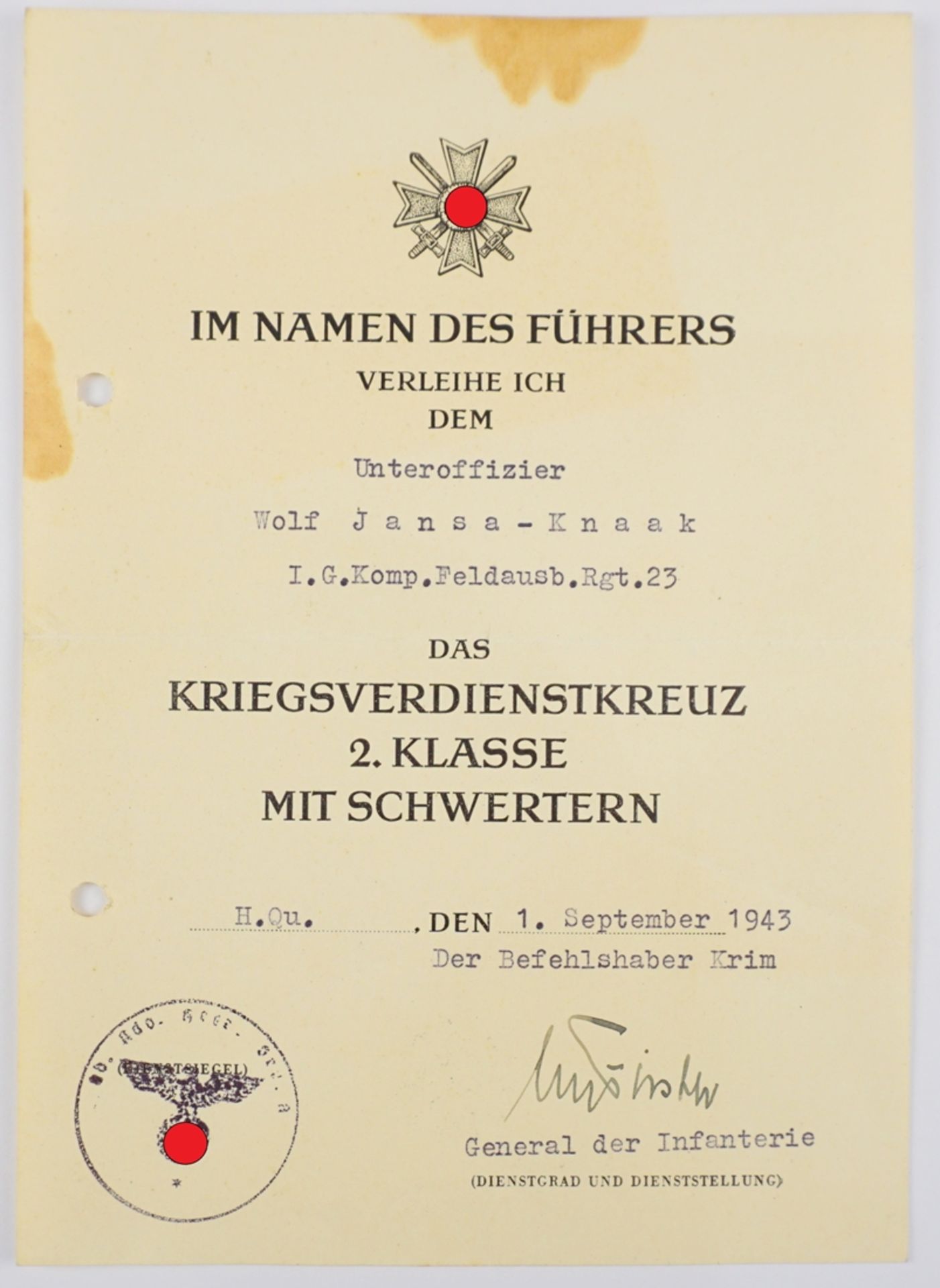 Urkunde zum Kriegsverdienstkreuz 2. Klasse