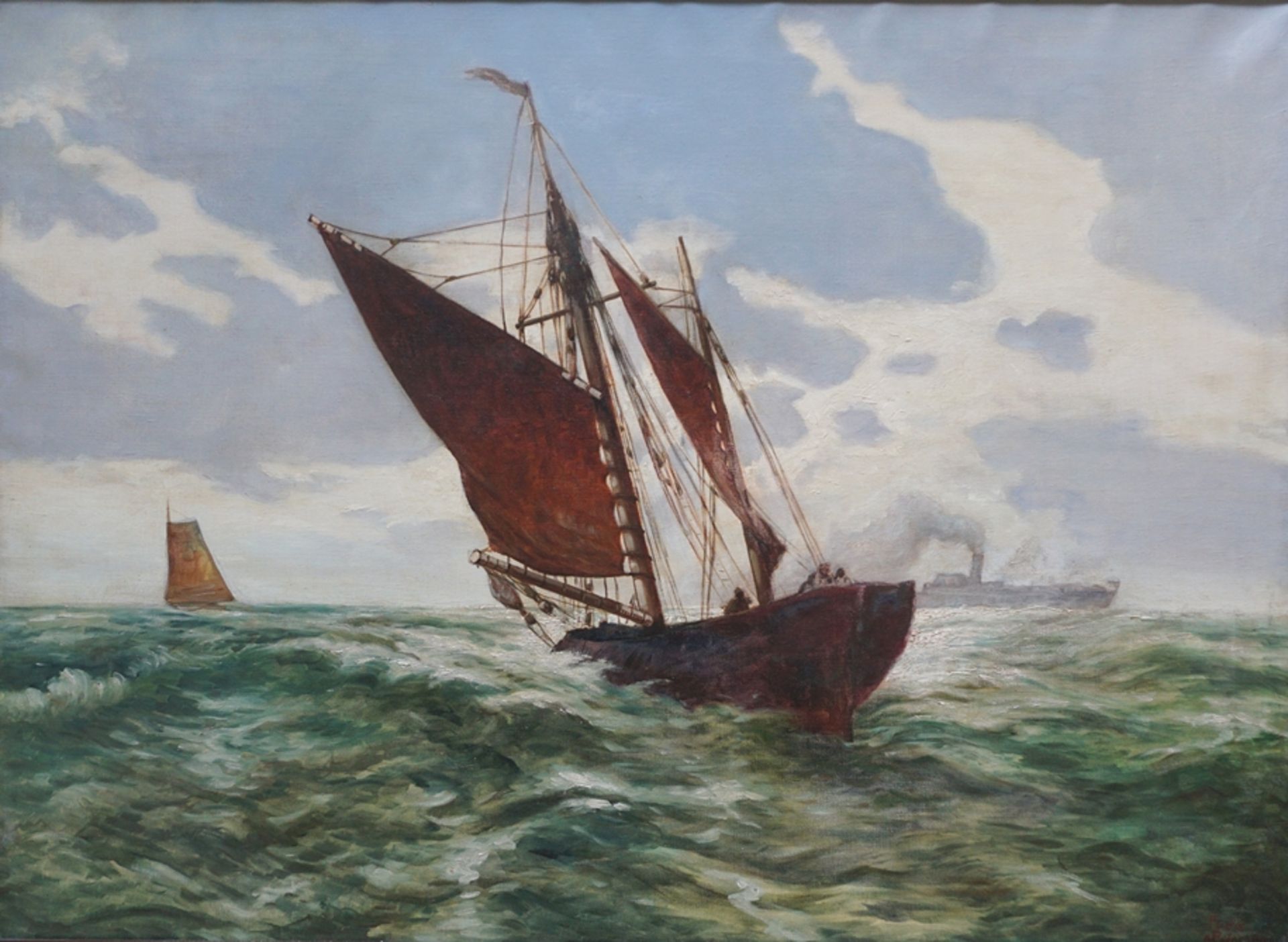 signiert "Fuchs", cop. nach (Heinrich?) Petersen, "Segelboot", 1920/30er Jahre, Öl/Lwd.