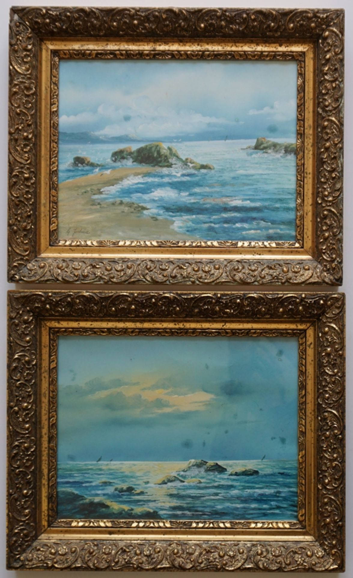 G. Juhász, Paar Gemälde "Meeresbrandung", um 1910/20, Gouache/Papier