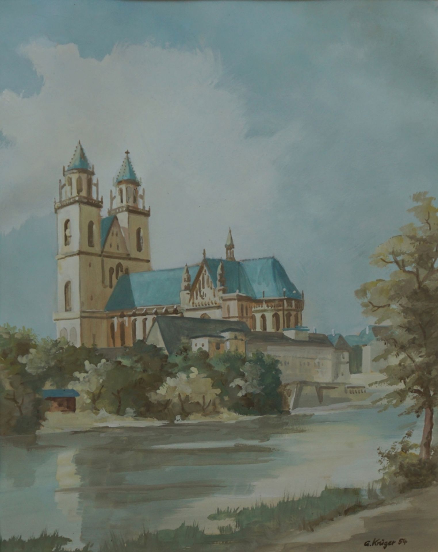 G. Krüger, "Blick zum Magdeburger Dom", 1954, Aquarell