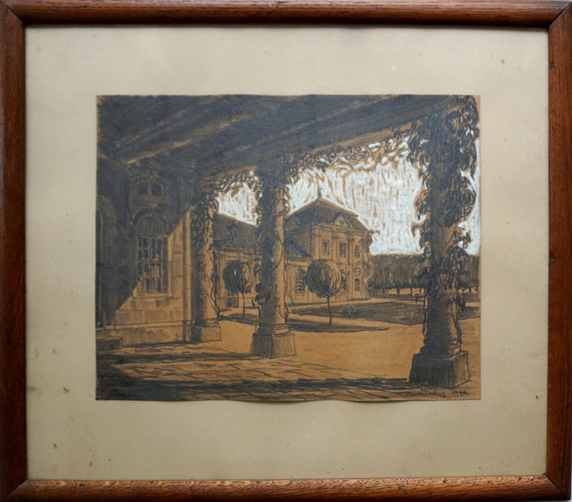 undeutl. signiert, "Blick in den Schlosshof", 1921, Handzeichnung - Bild 2 aus 2