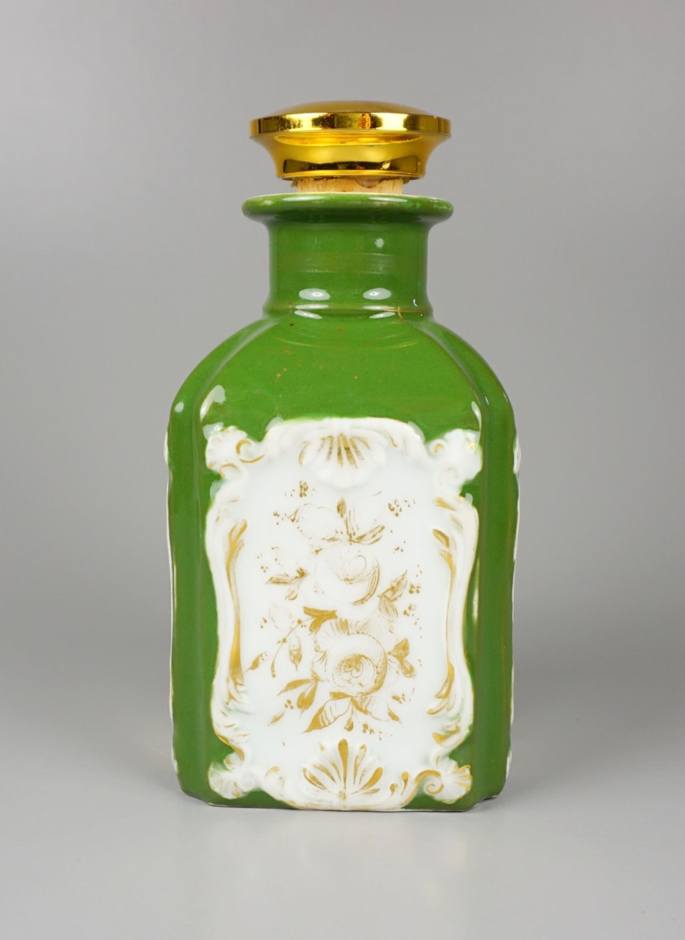 Teedose, grüner Grund mit Golddekor und floralen Medaillons, Biedermeier - Bild 2 aus 4