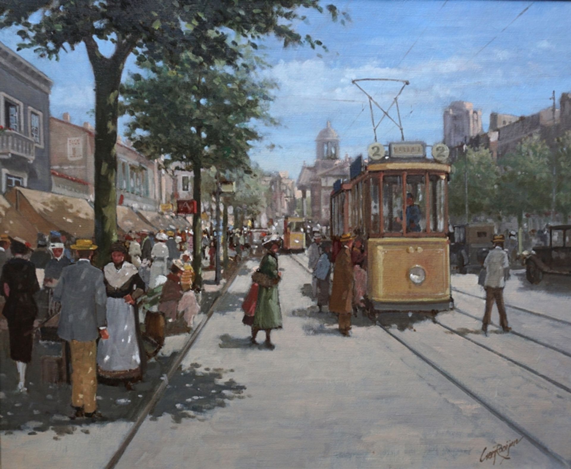 Carel van Rooijen (*1945), "Historische Straßenszene mit Tram", Öl/Lwd.