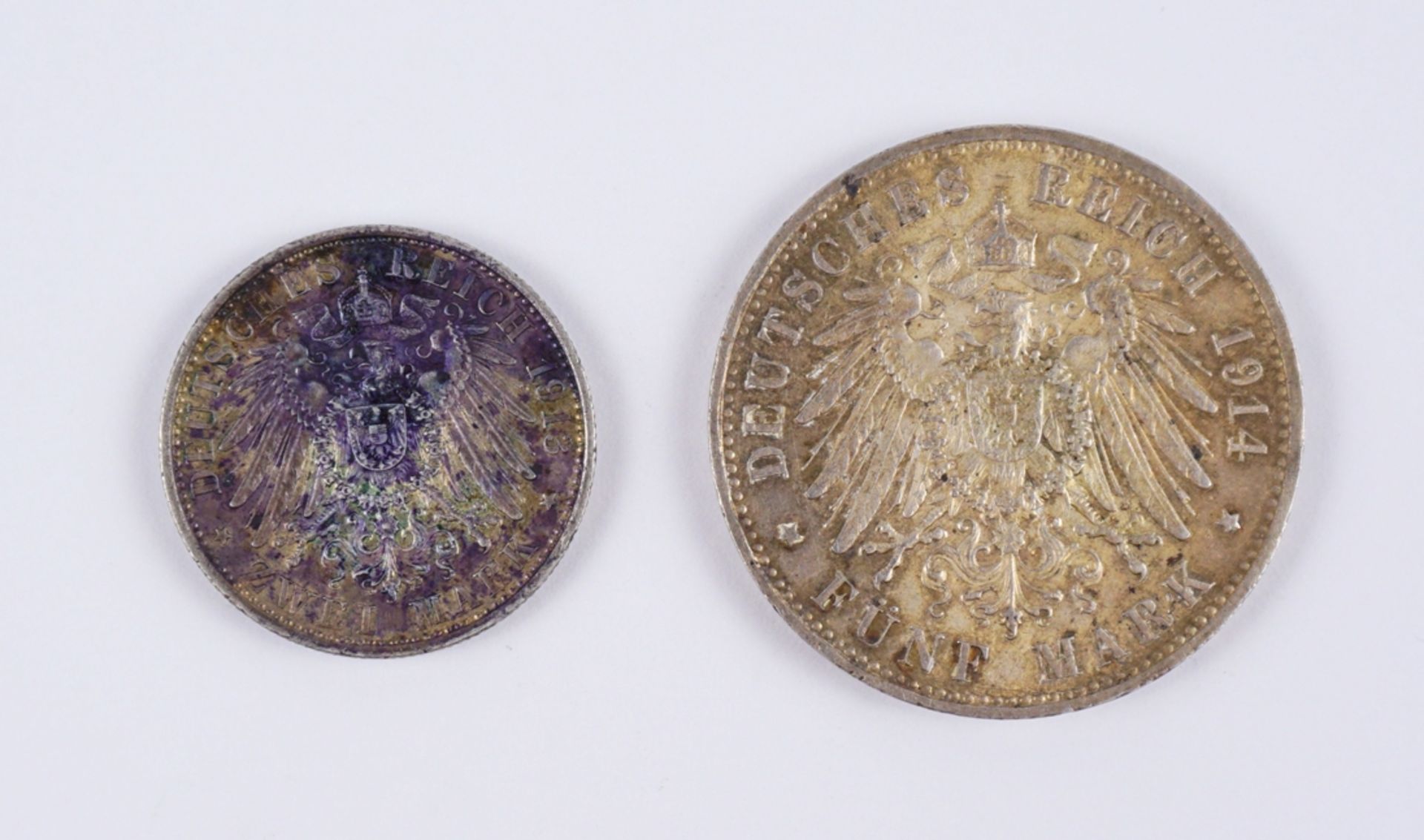 2 Mark 1913 und 5 Mark 1914, Wilhelm II, Preussen, 900er Silber, Gesamt-Gew.39,0g, ss - Image 2 of 2