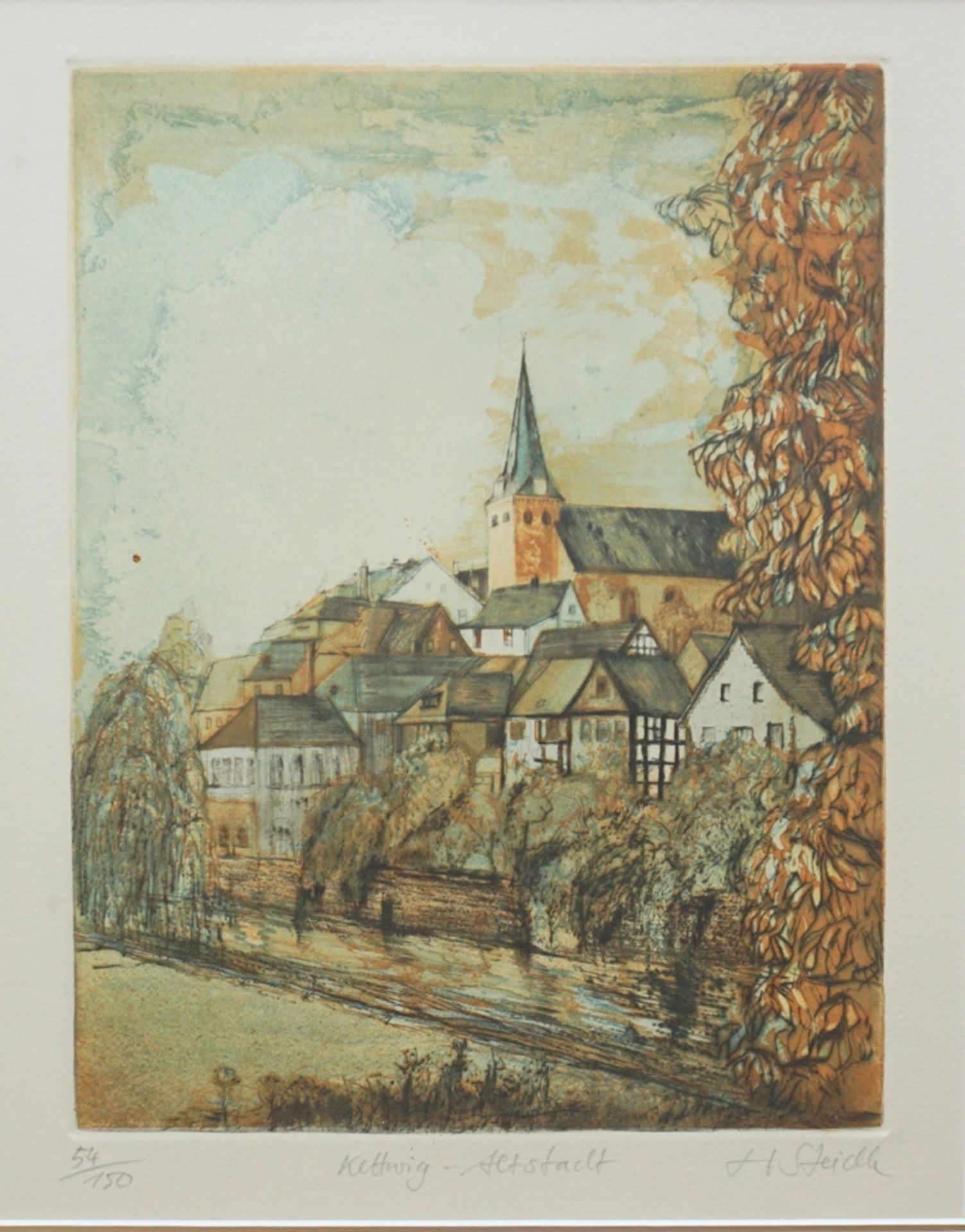 Hermann Steidle (*1929, Garmisch), "Kettwig-Altstadt", Aquatinta-Radierung