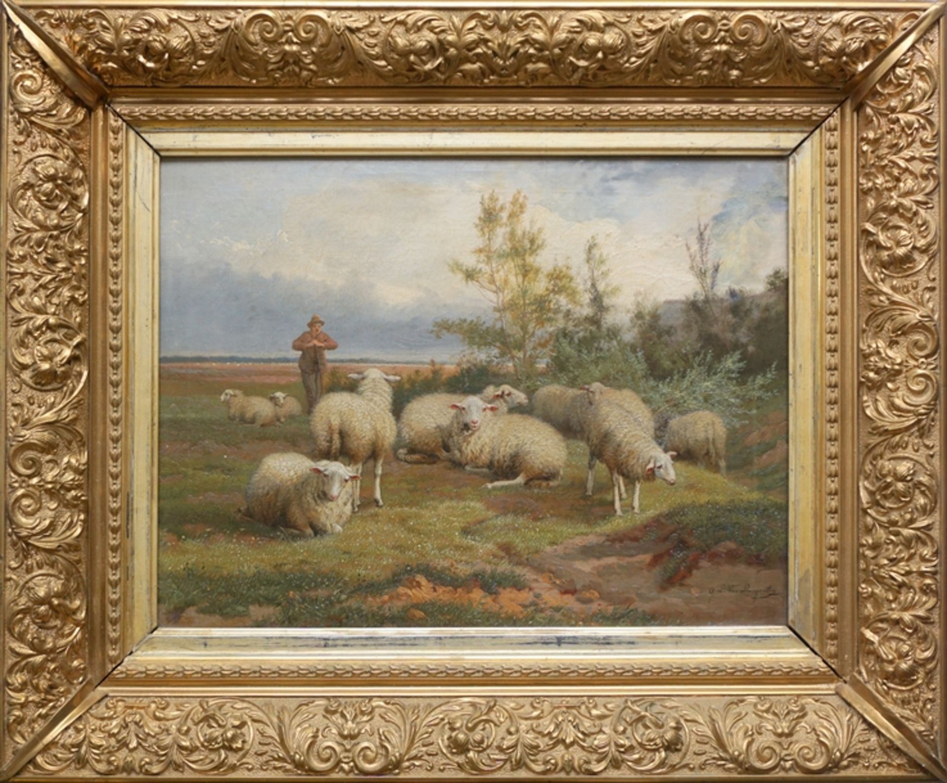 Jef Louis Van Leemputten (1867-1948, BE), "Schafsherde mit Hirten", Öl/Lwd.