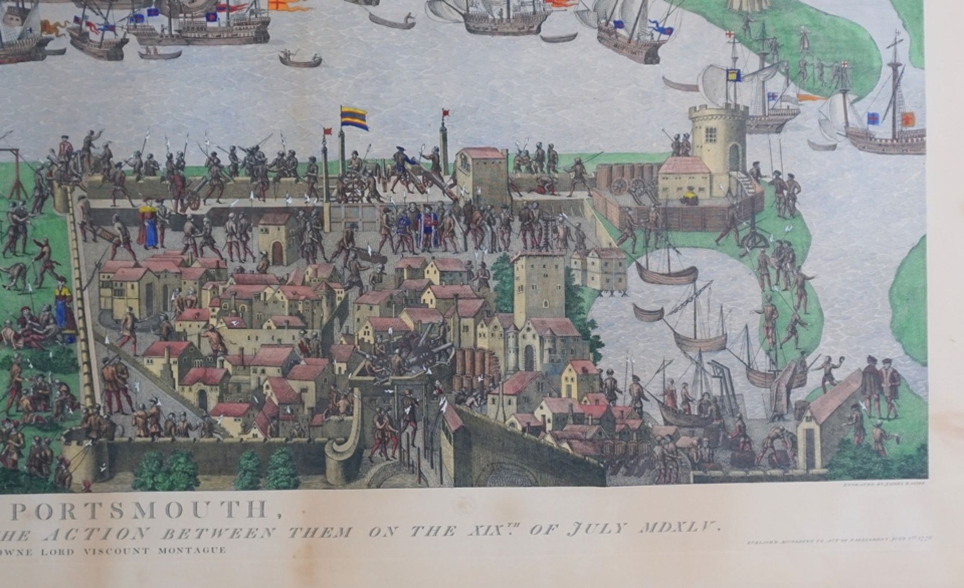 großformatige, handkolorierte Lithografie (?), "Seeschlacht im Solent von 1545 bei Portsmouth" - Image 3 of 4