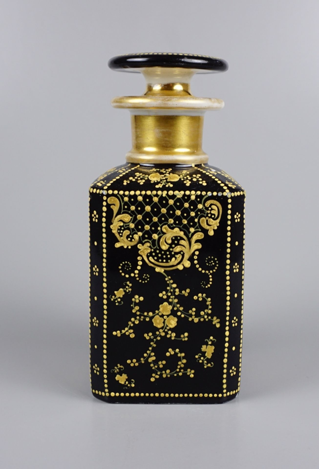 Teedose, schwarzer Grund mit Golddekor und floralen Medaillons, Biedermeier - Bild 2 aus 4