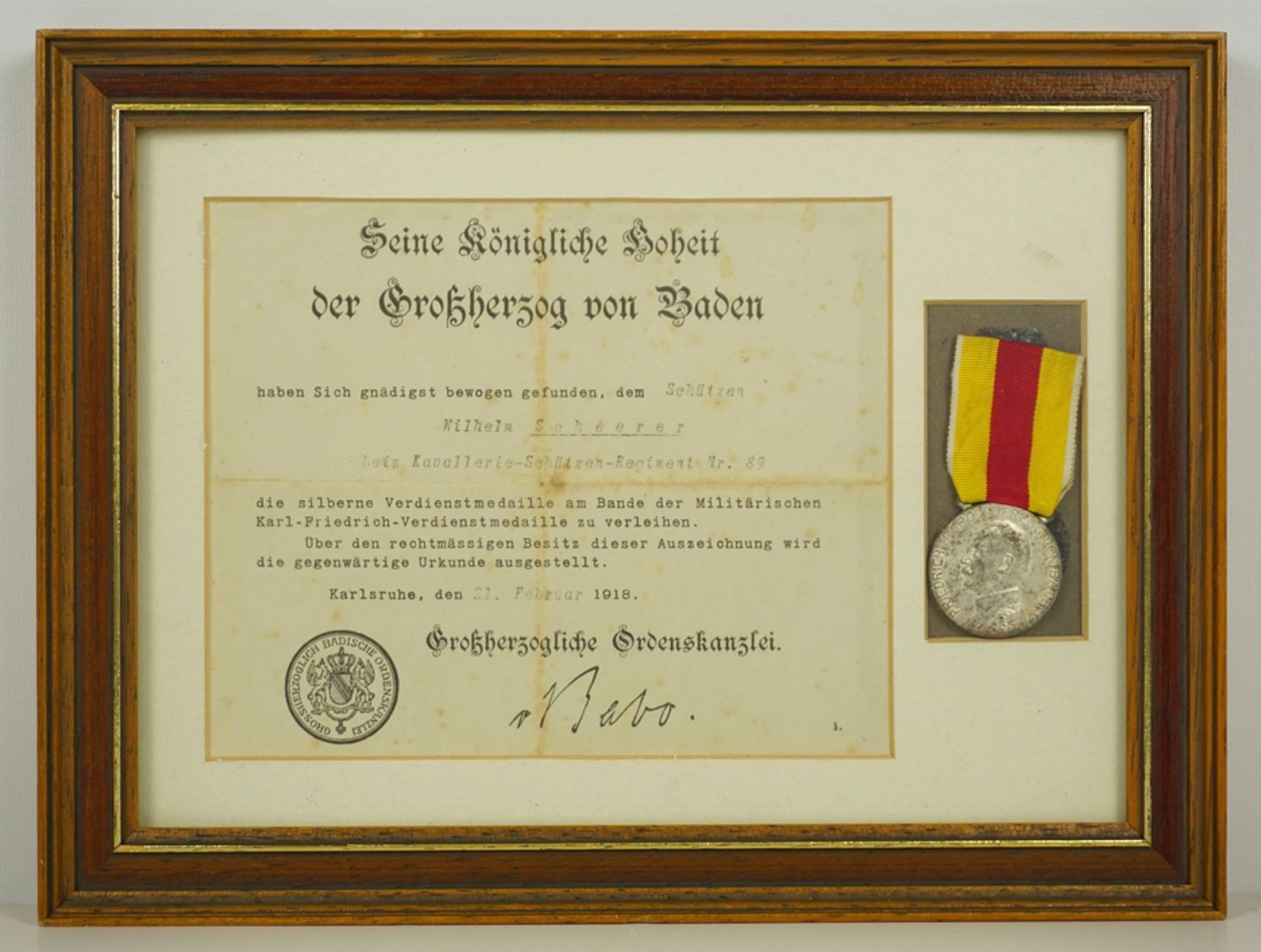 Silberne Verdienstmedaille Friedrich II. 1908 und Urkunde