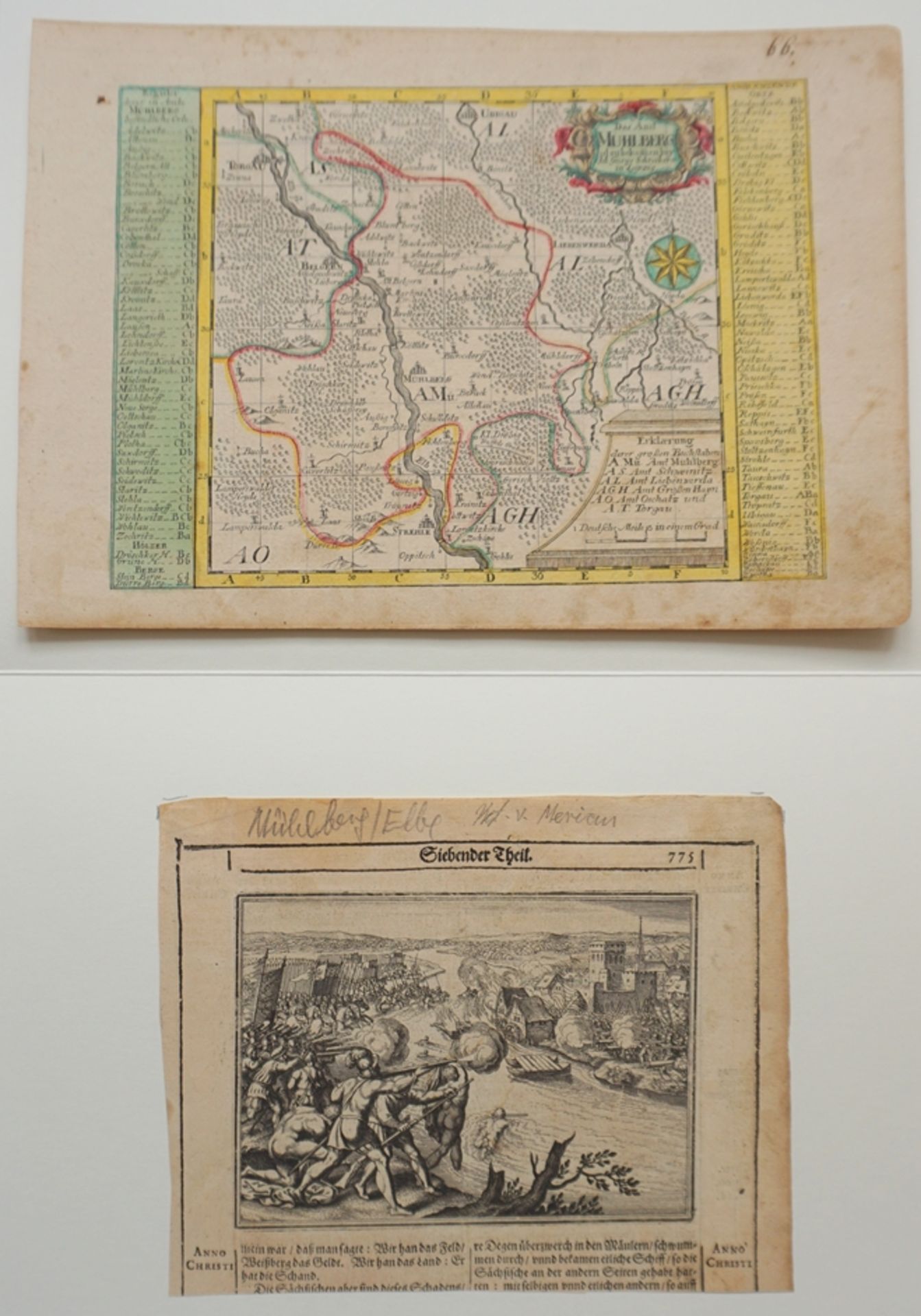 2 Kupferstiche „Mühlberg“, M. Merian und J.G.Schreiber, 17/18. Jh.