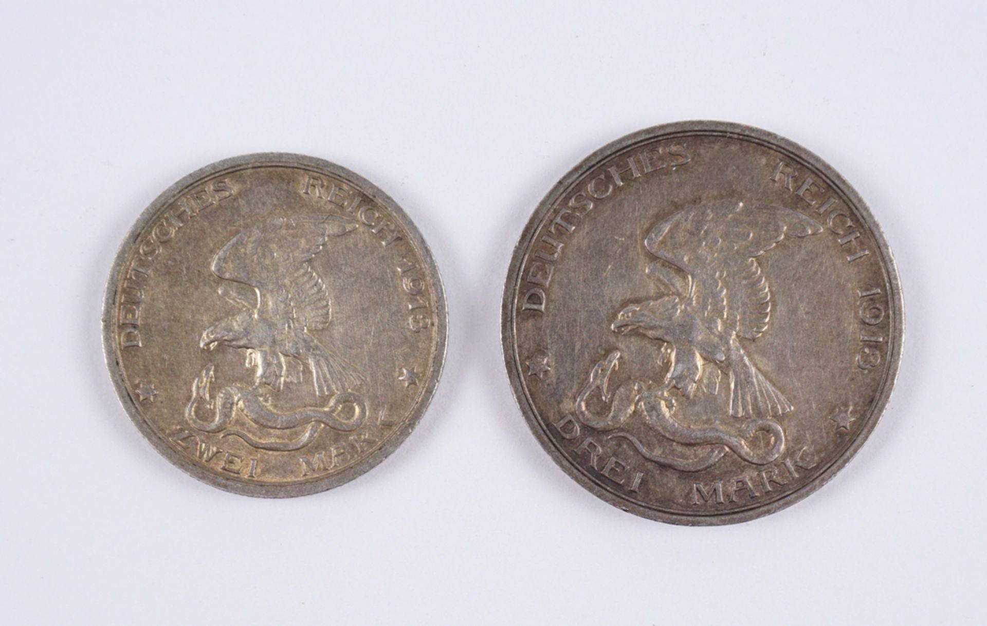 2 Mark und 3 Mark, "Der König rief", 1913, Preussen, 900er Silber, Gesamt-Gew.23,21g, ss - Image 2 of 2