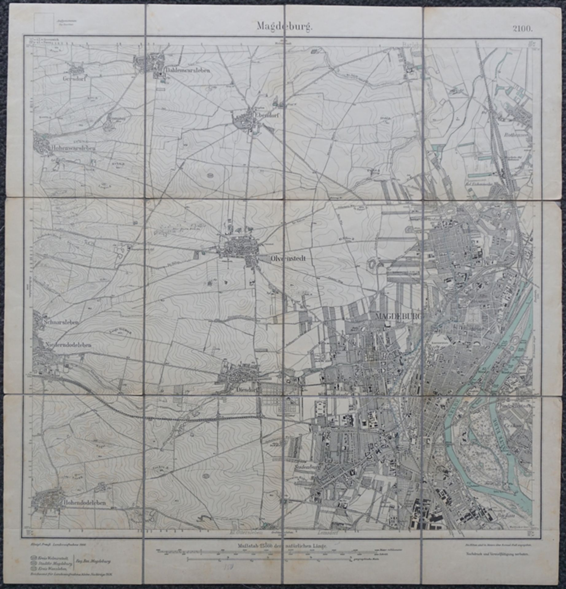 2 Messtischblätter, Magdeburg, Nr.2100 und Biederitz, Nr. 2101, um 1900/1930