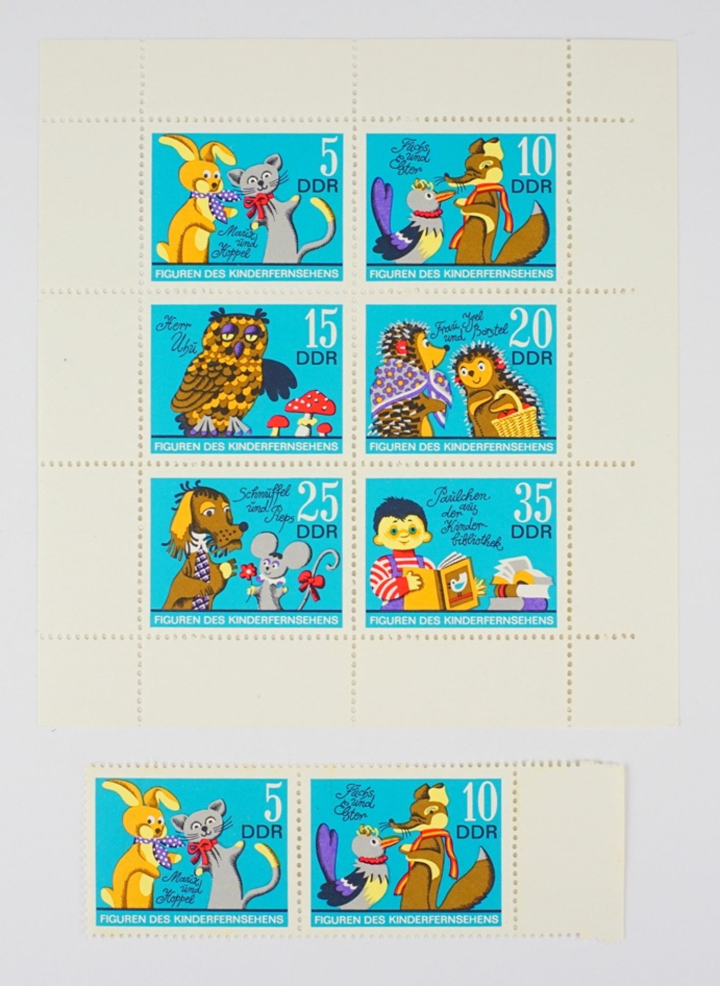 Kleinbogen - Figuren des DDR Kinderfernsehens und 2 Briefmarken, Plattenfehler, ungeprüft