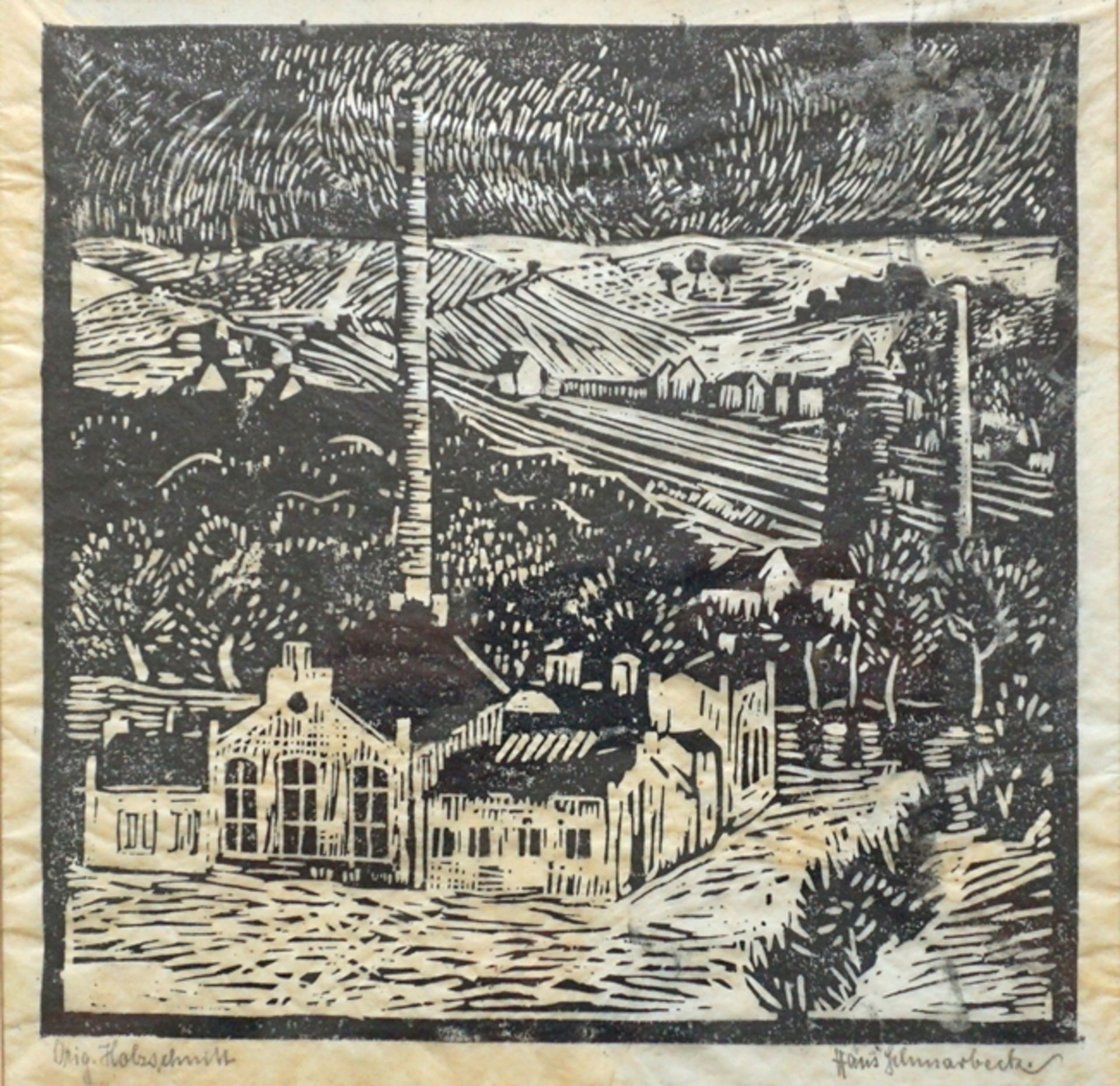 Hans Schmarbeck (?-1885, Norddeutschland), "Landschaft mit Industrieanlage", Holzschnitt