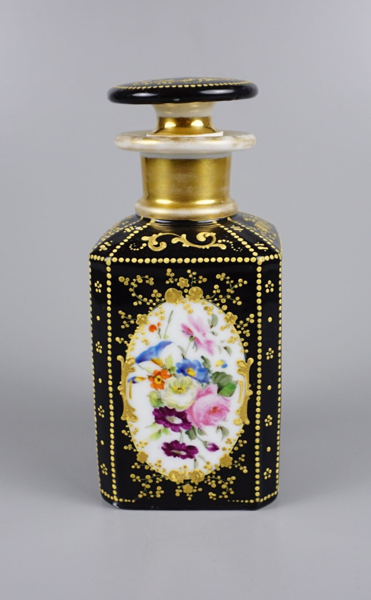 Teedose, schwarzer Grund mit Golddekor und floralen Medaillons, Biedermeier - Bild 3 aus 4