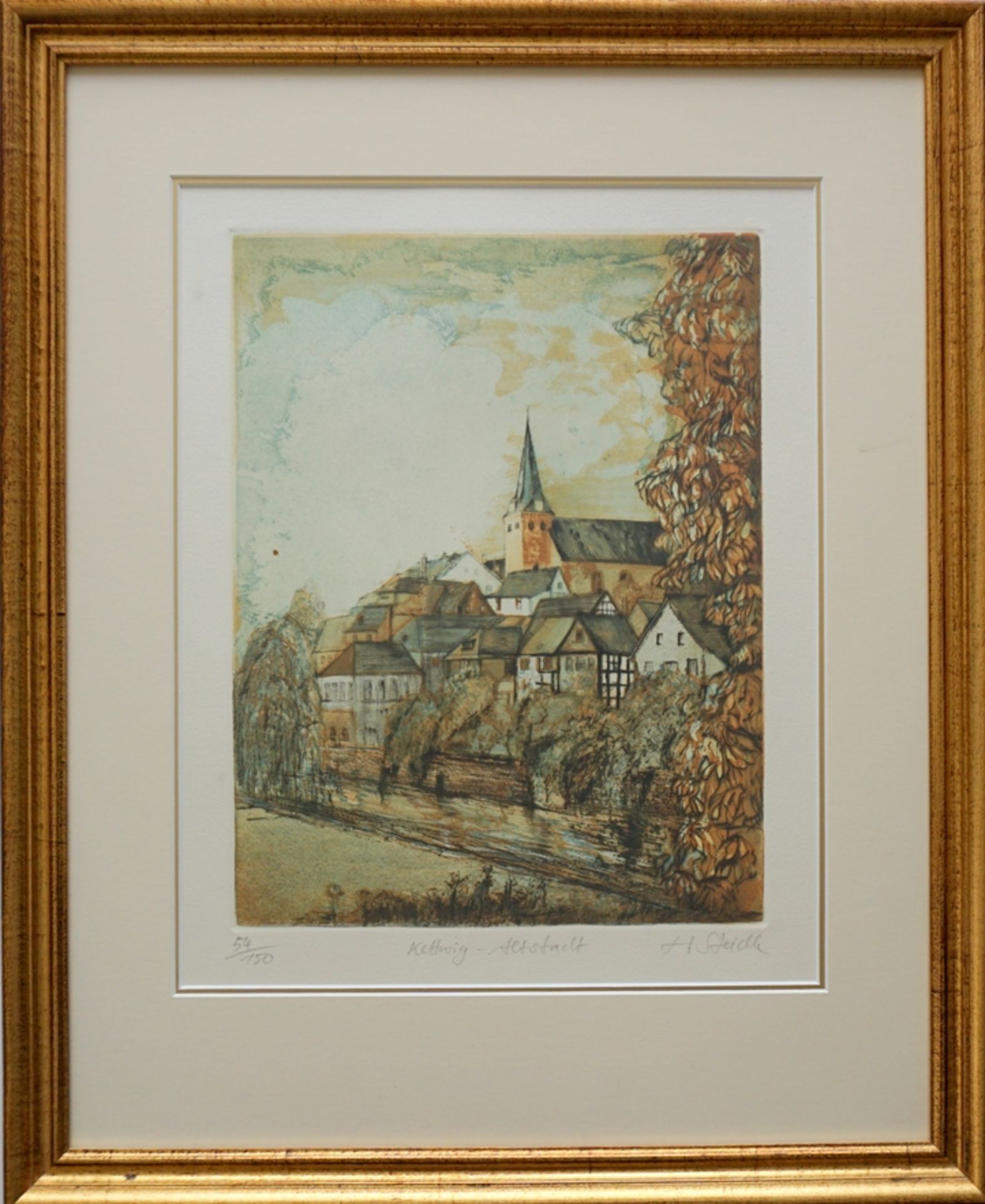 Hermann Steidle (*1929, Garmisch), "Kettwig-Altstadt", Aquatinta-Radierung - Image 2 of 3