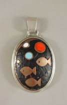 Rare pendant with enamel on copper, 835 silver mount, Fischlandschmuck, 1960s, weight 11,78g, oval,