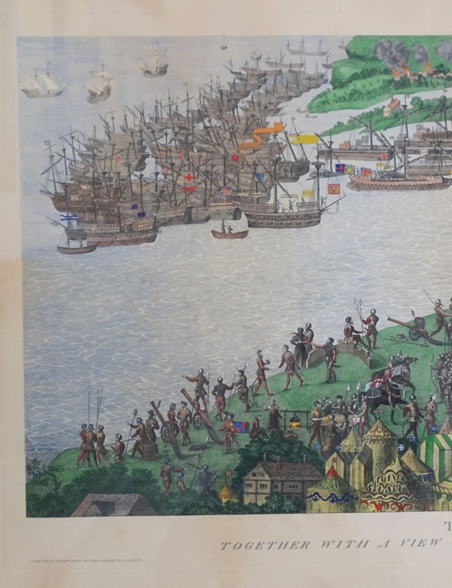 großformatige, handkolorierte Lithografie (?), "Seeschlacht im Solent von 1545 bei Portsmouth" - Image 4 of 4