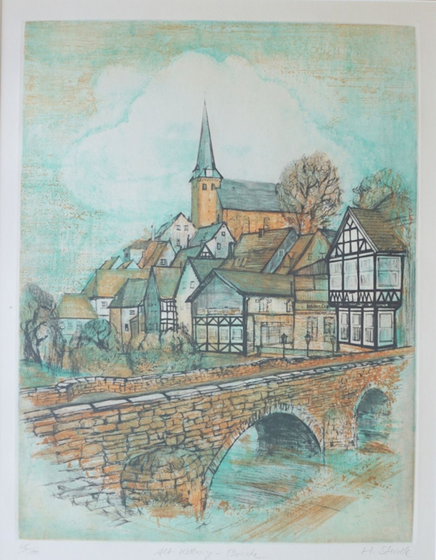 Hermann Steidle (*1929, Garmisch), "Alt Kettwig - Brücke", Aquatinta-Radierung