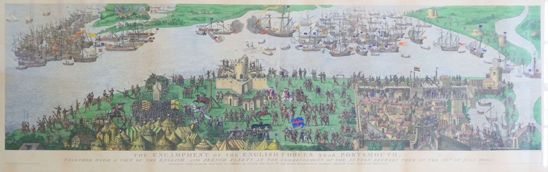 großformatige, handkolorierte Lithografie (?), "Seeschlacht im Solent von 1545 bei Portsmouth" - Image 2 of 4