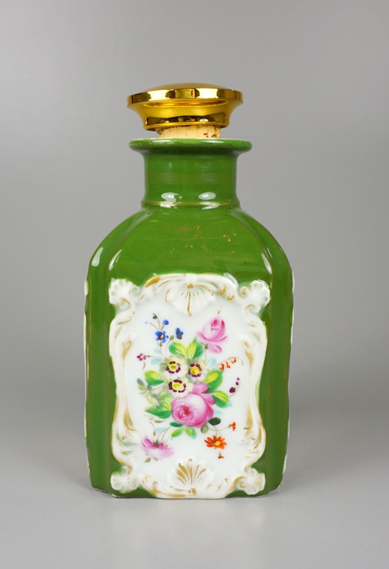 Teedose, grüner Grund mit Golddekor und floralen Medaillons, Biedermeier - Bild 3 aus 4