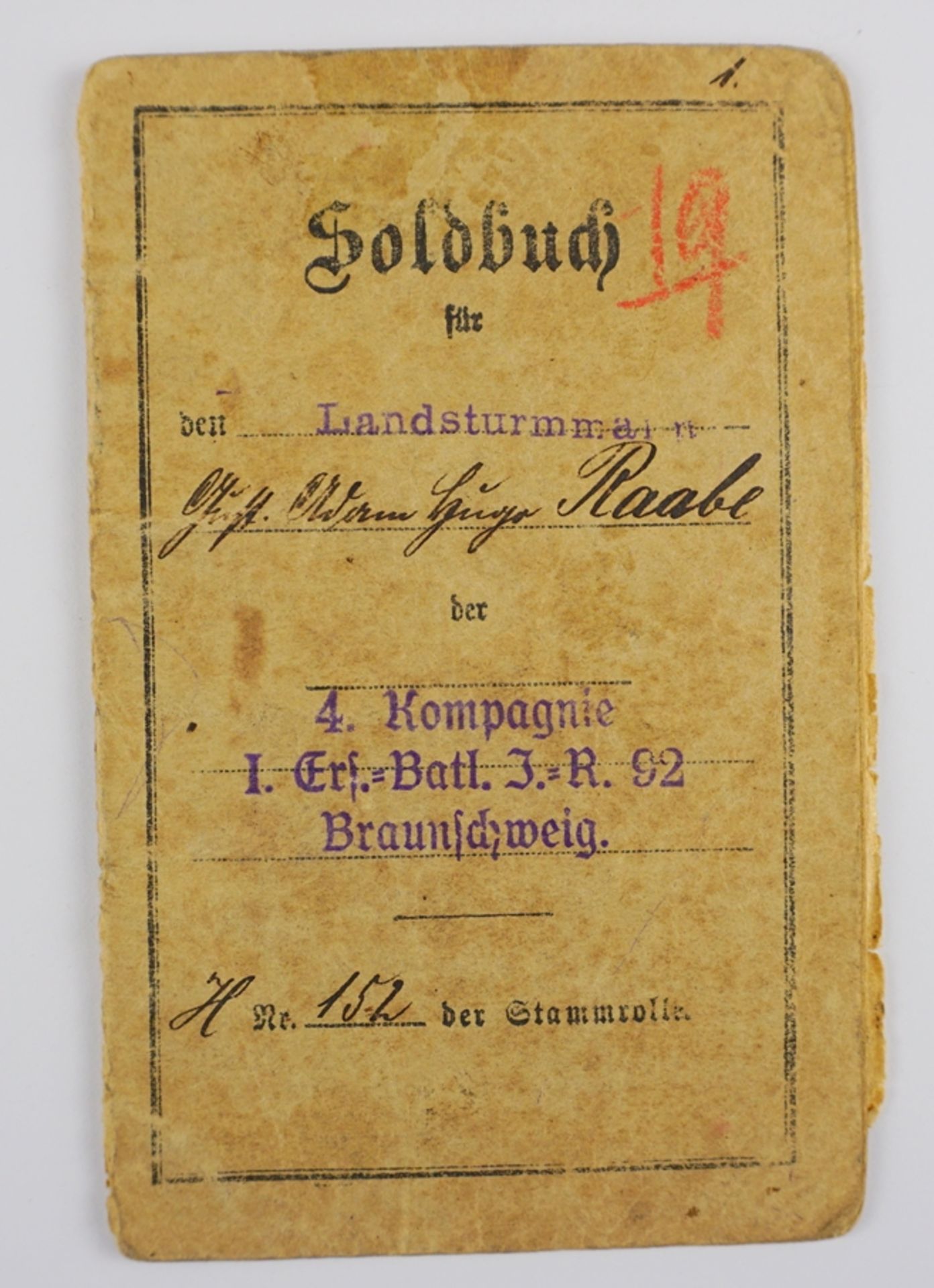 Soldbuch 4. Kompagnie I. Ers.-Batl. Infanterie-Regiment 92 Braunschweig