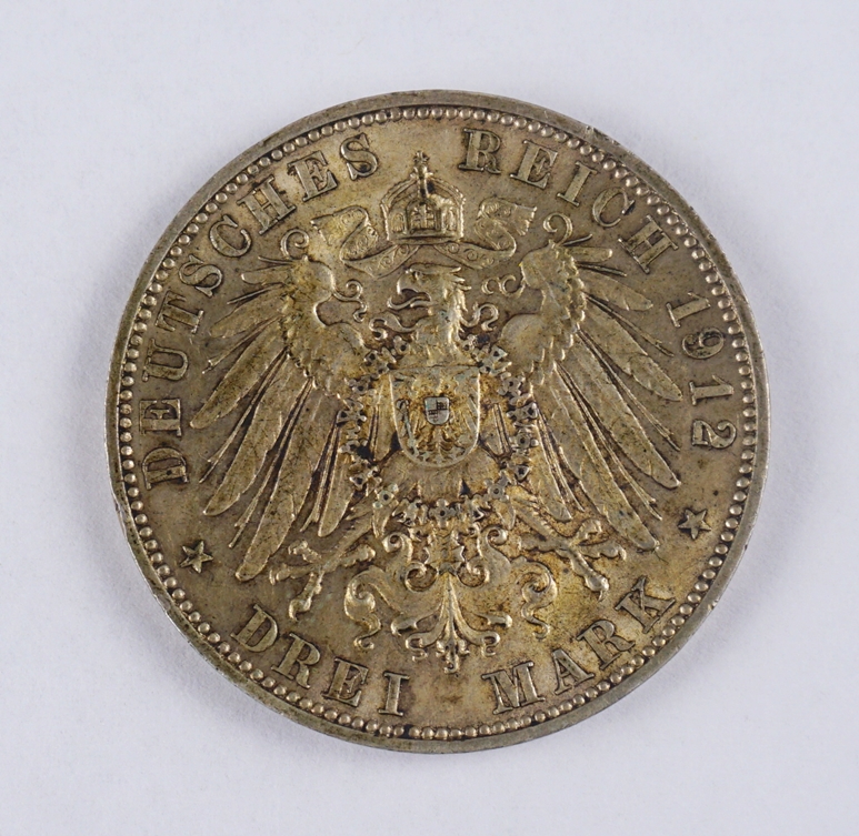 Dt.Kaiserreich, 3 Mark 1912, Friedrich August, König v.Sachsen, 900er Silber - Bild 2 aus 2