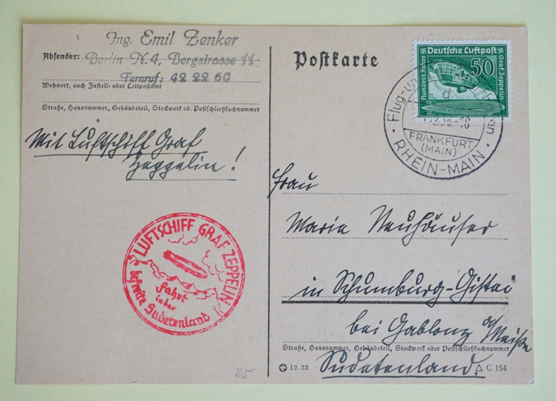 Privat-Postkarte, m. Flugpostmarke 100.Geburtstag Gr v. Zeppelin, 50 Pf