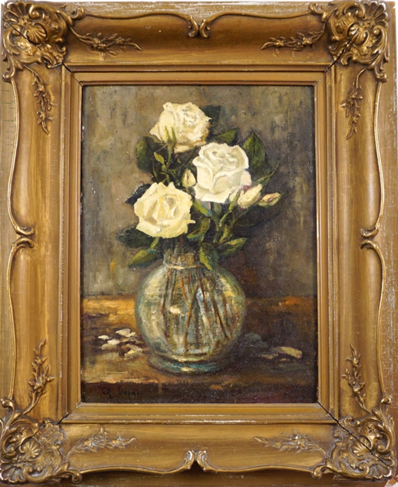 Christopher Dorner, "Stillleben mit weißen Rosen", 1921, Öl/Holz