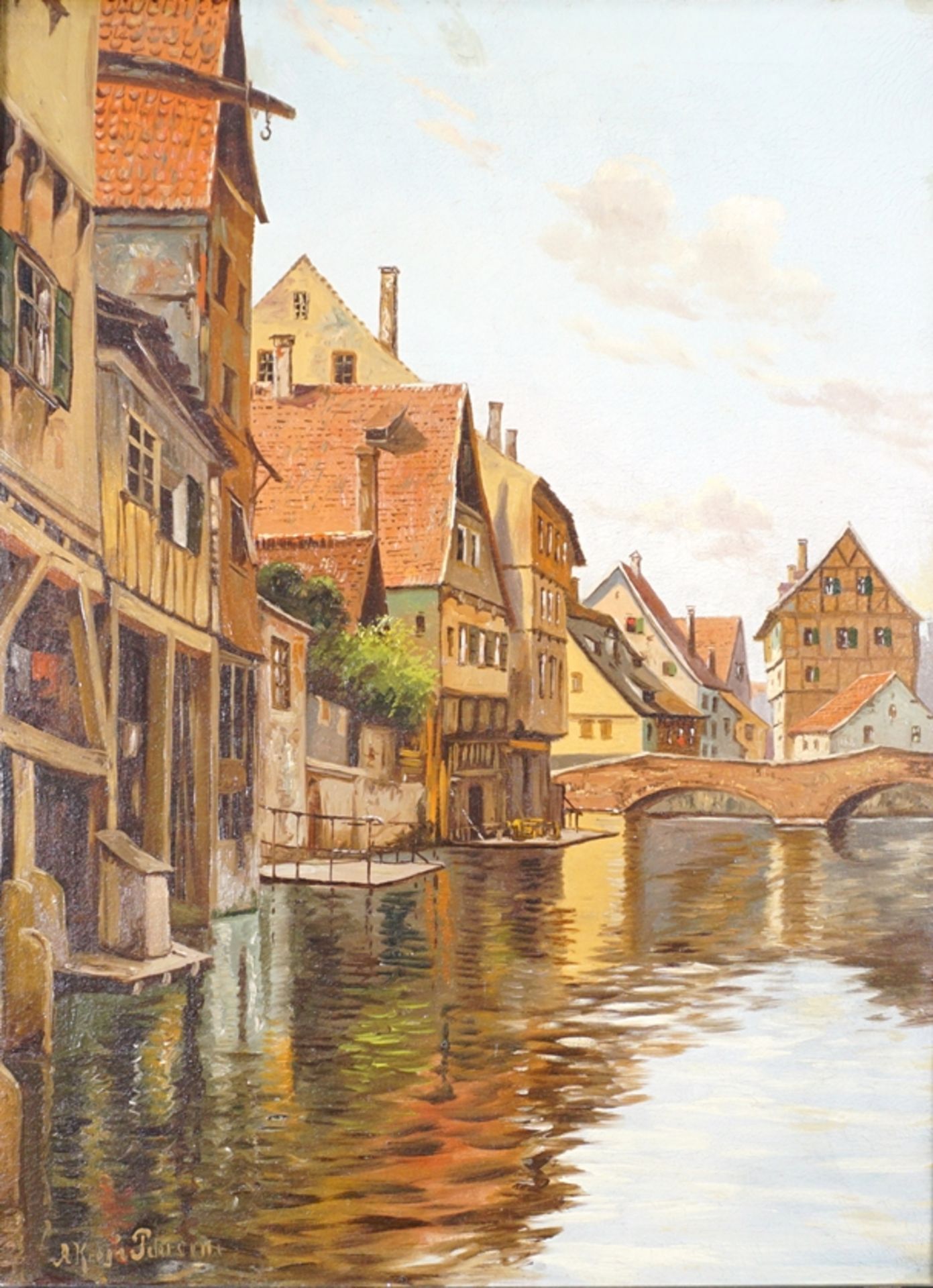 Hjalmar Alexander Kragh-Pedersen (1883-1962, Kopenhagen), "Kanalpartie in Nürnberg", Öl/Lwd.