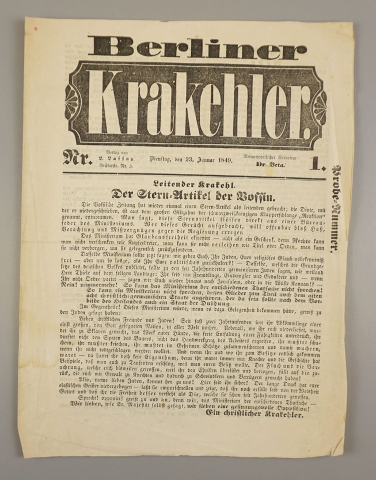 Humoristisches-satirisches-politisches Wochenblatt: Berliner Krakehler, Nr. 1 (23. Januar) 1849, Pr