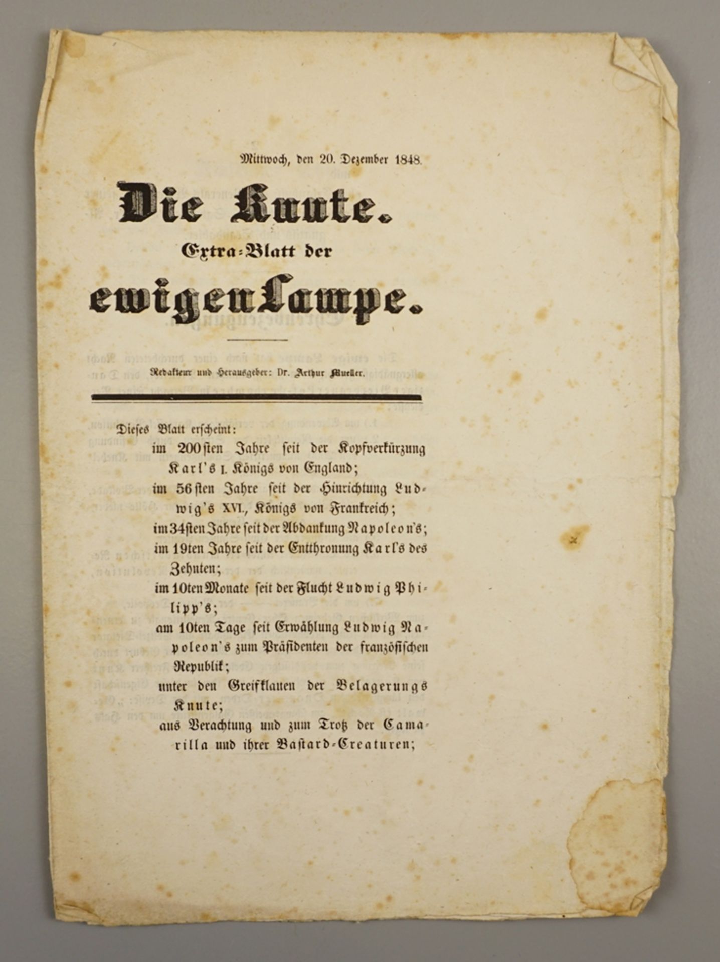 "Die Knute" - Extra-Blatt der ewigen Lampe", 20.Dezember 1848, äußerst selten